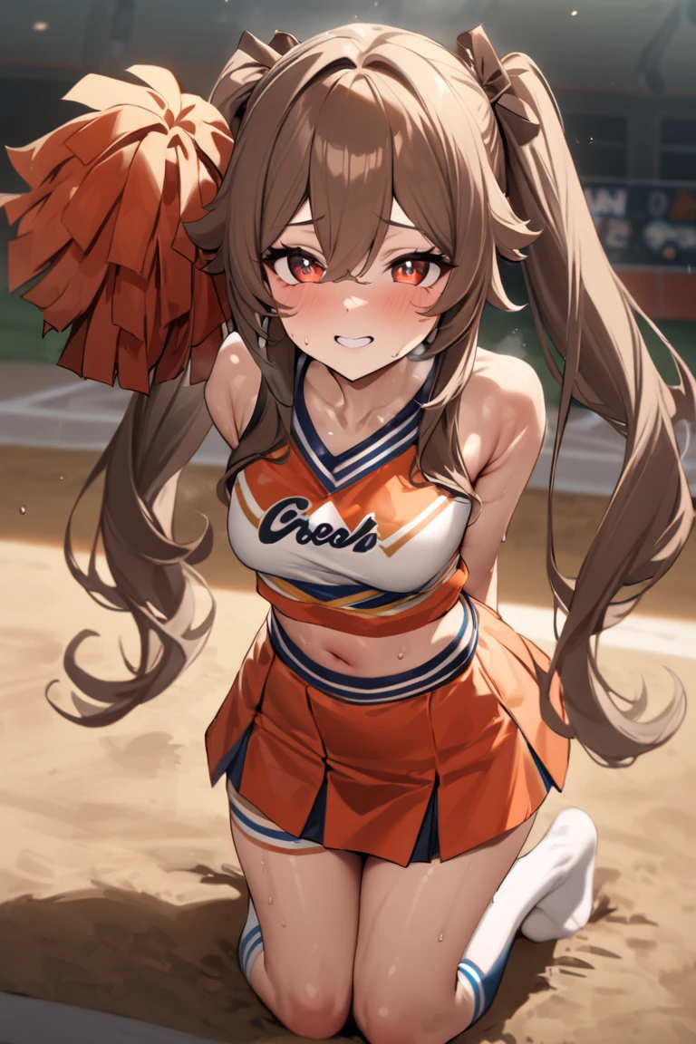 NSFW,masterpiece, top quality , high res, very detailed,walnut\(Genshin Impact\)、 long hair、bangs、Brown Hair、Red Eye、 hair between eyes、 twin tails、side lock、 symbol shaped pupil , cheerleader, crop top, miniskirt, spats,Ground, fresh smile ,sweat, cute pose