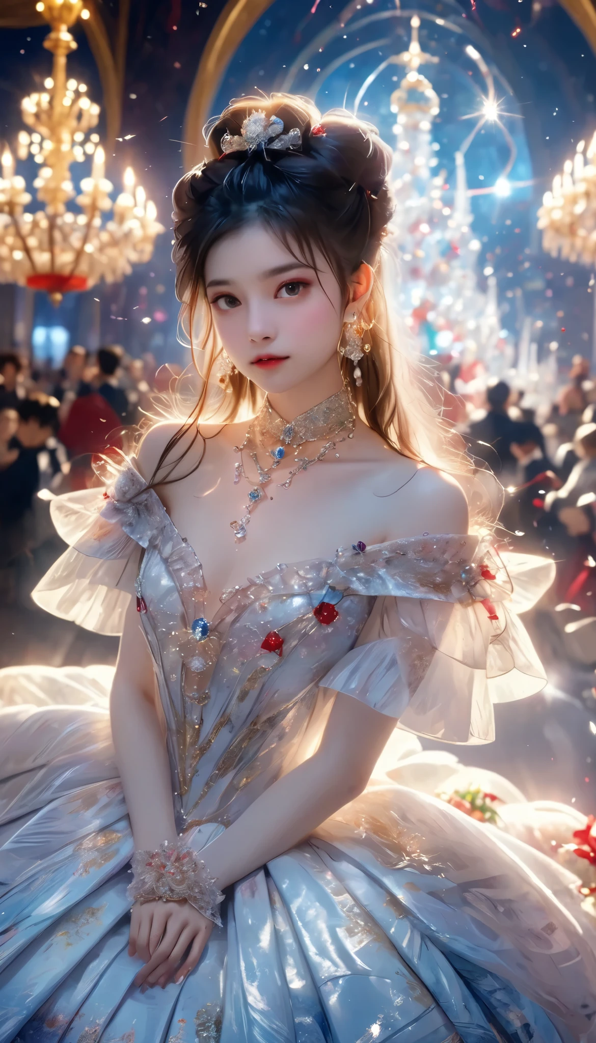 Dramatic composition, Court dress, Royal, christmas outfit, nice, Cascading Ruffles, Raffle, bow, Crystal Chandelier , Swirl Hairstyles, Place, drill-like double ponytail , camera , bangs, Maximalism , Palace-like background, Delicate depiction of hair and eyes, Princess Dress , nice skirts, Flowers in hands, (christmas outfit:1.4), smile, Starry Eyes, Cinematic Light, Extremely detailed, High Definition , happy girl , long hair, diamond with s, broken diamond with s, Crystal Fragment, Particles of light