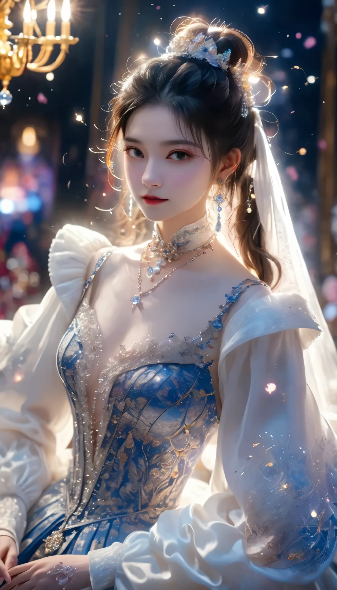 Dramatic composition, Court dress, Royal, christmas outfit, nice, Cascading Ruffles, Raffle, bow, Crystal Chandelier , Swirl Hairstyles, Place, drill-like double ponytail , camera , bangs, Maximalism , Palace-like background, Delicate depiction of hair and eyes, Princess Dress , nice skirts, Flowers in hands, (christmas outfit:1.4), smile, Starry Eyes, Cinematic Light, Extremely detailed, High Definition , happy girl , long hair, diamond with s, broken diamond with s, Crystal Fragment, Particles of light