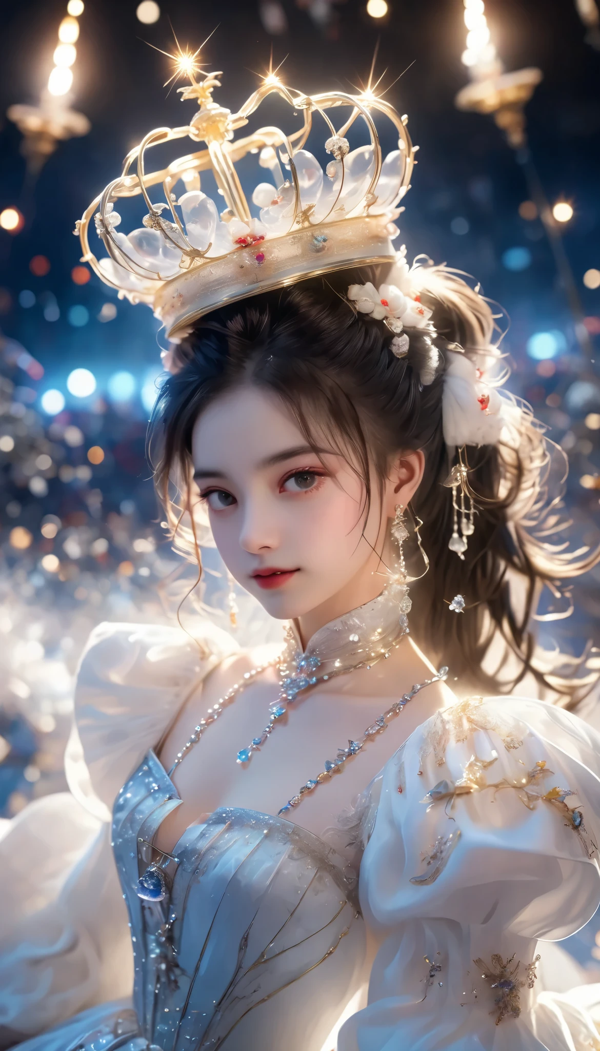 Dramatic composition, Court dress, Royal, christmas outfit, nice, Cascading Ruffles, Raffle, bow, Crystal Chandelier , Swirl Hairstyles, Place, drill-like double ponytail , camera , bangs, Maximalism , Palace-like background, Delicate depiction of hair and eyes, Princess Dress , nice skirts, Flowers in hands, (christmas outfit:1.4), smile, Starry Eyes, Cinematic Light, Extremely detailed, High Definition , happy girl , long hair, diamond with s, broken diamond with s, Crystal Fragment, Particles of light