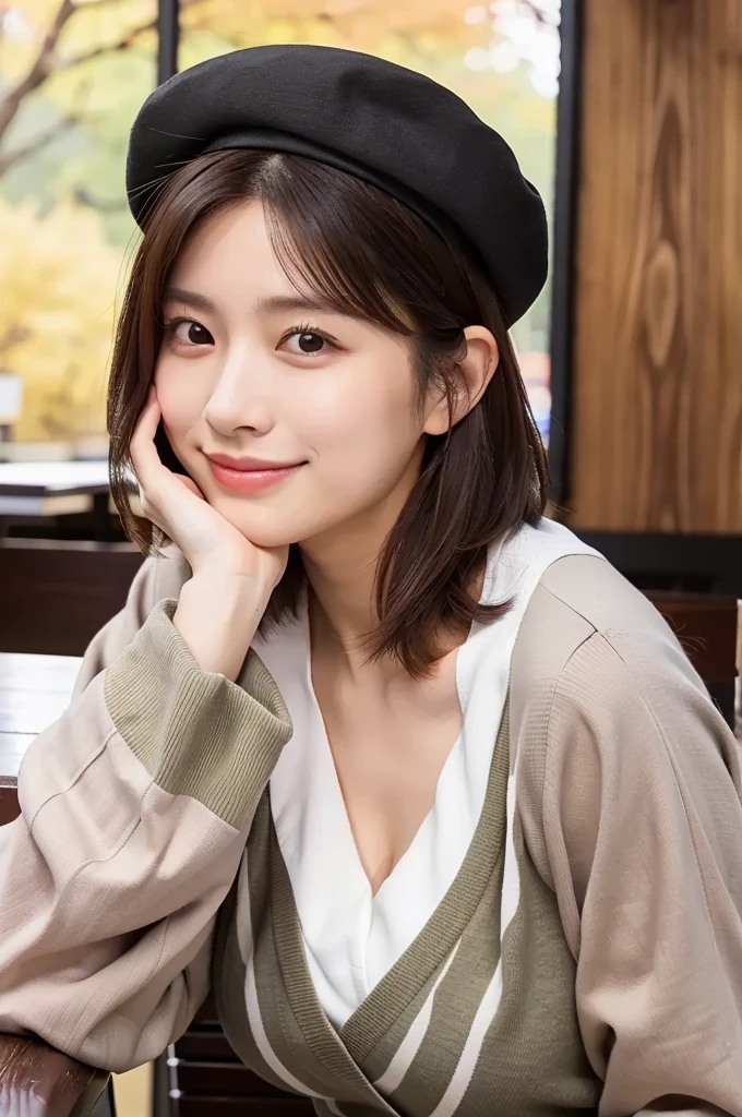 (masterpiece, best quality, perfect anatomy, highres, 8k, realistic, photorealistic, natural skin texture, no makeup:1.2), afternoon, 1girl, solo, Japanese, age20, female university student with a short bob haircut, very cute, (large breasts:1.4), autumn vibes, sitting in a cozy café, (resting her cheek on a wooden table:1.2), (gazing viewer with a soft smile), wearing a beret and mini skirt, warm autumn atmosphere, vertical composition, jp idol, inugao