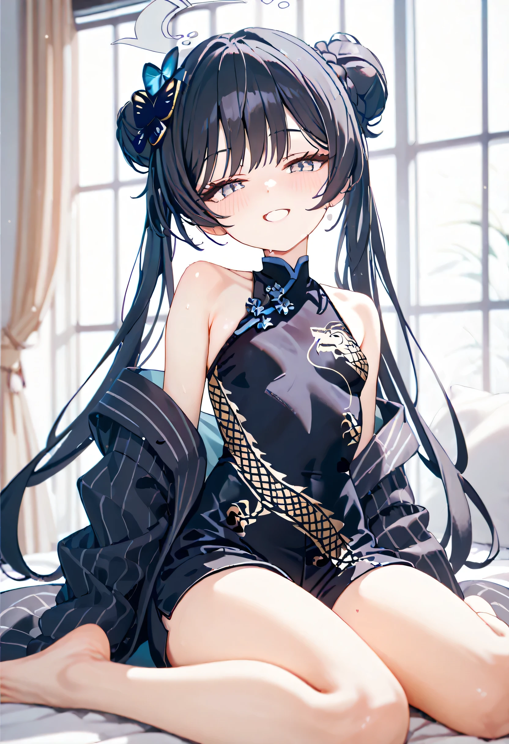 ((Girl with protruding ribs:1.4)、(flat chest:1.3),(skinny body:1.3)、Blushing、To blush、Thick eyes、(( thin:1.3))、Larger clothes, oversized off-shoulder sweater、black Boyshorts, very grin, wariza, Blue Archive, Kisaki