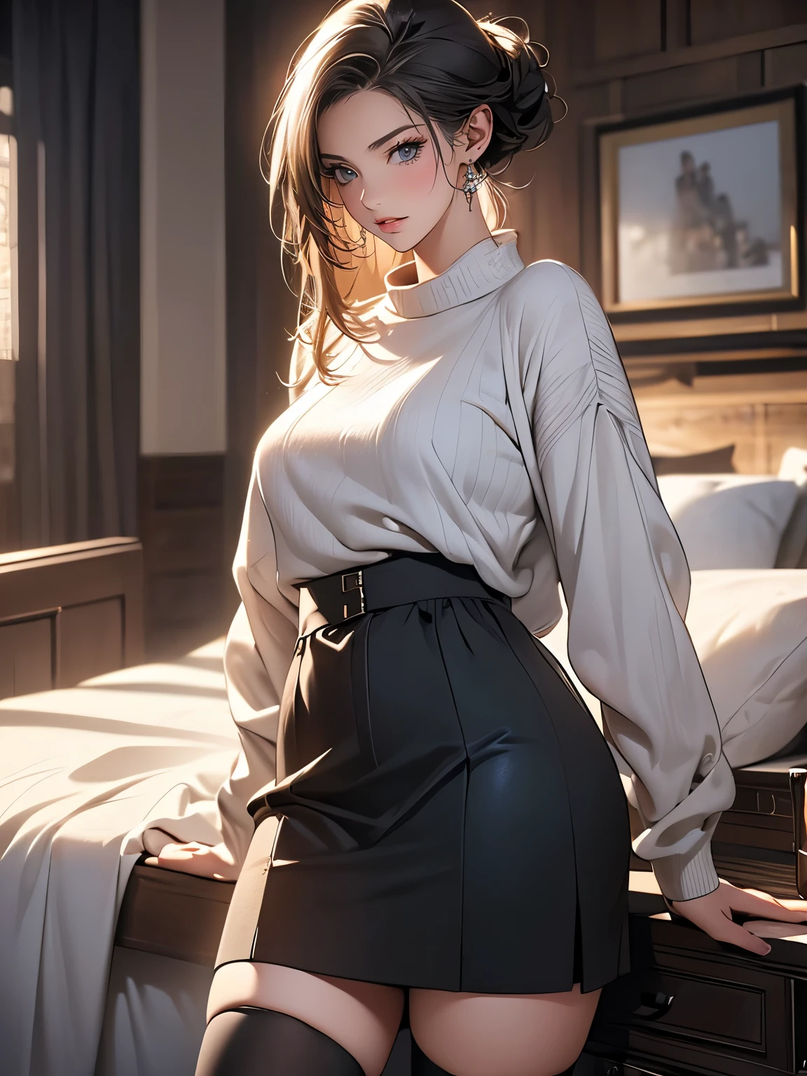 (random pose),(random hairstyle),(Highest image quality,(8k),ultra realistic,best quality,high quality,high resolution,high quality texture,high detail,beautiful detail,fine detail,extremely detailed cg,detailed texture,realistic face image,masterpiece,sense of presence),sweater,tight skirt,stockings,engineer boots