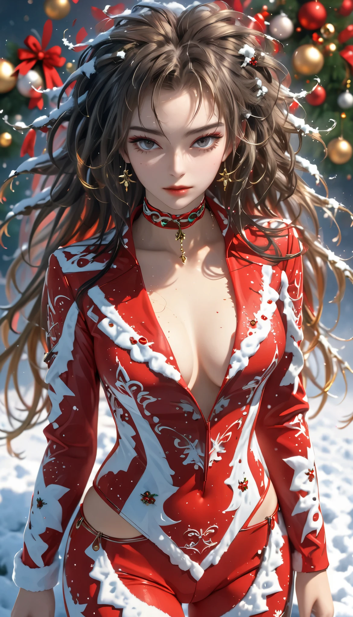 beautiful woman, cool and sadistic, amorous and lewd face, looking down with a cold gaze, make-up, beautiful messy hair, great proportion, tight suits, choker, christmas outfit, (ultra detailed, absolutely resolution, best quality:1.3), 2.5D, delicate and dynamic, shading effects, hyper realistic, artistic photography, graphic CG digital art, (full body view:1.4)