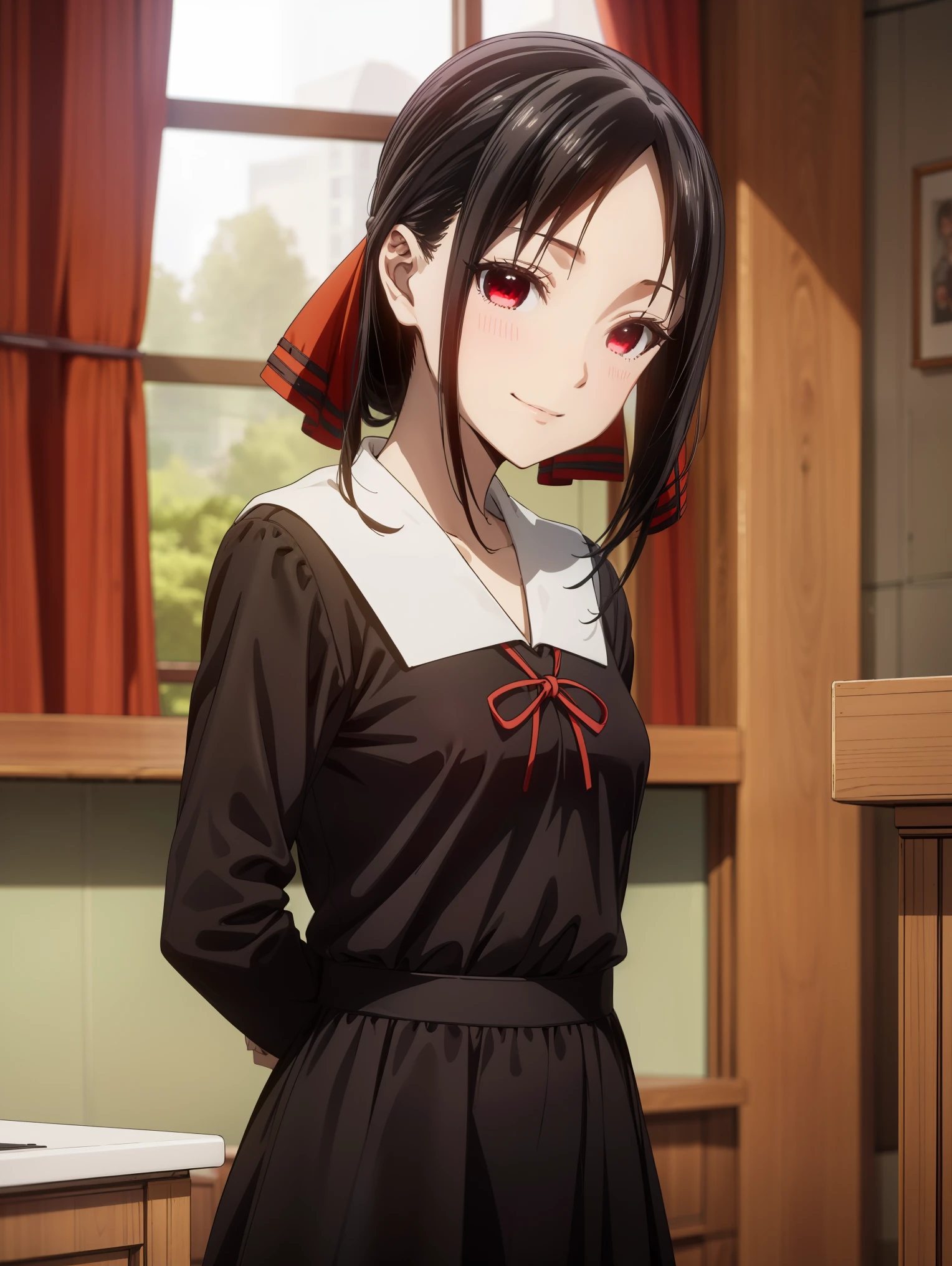 ((Master Quality、8k、masterpiece:1.3、超detailed、High resolution、RAWphotograph、detailed、Blur、Now、((anime、anime塗り))、photograph、HDR)),Kaguya Shinomiya,(1girl, Alone, Shinomiya Kaguya), red eyes, black hair, hair ribbon, red ribbon, (black school uniform), short dress, long sleeves, small breasts, smile,School、Student Council Room、Random Pause、Random Angle、Cowboy Shot