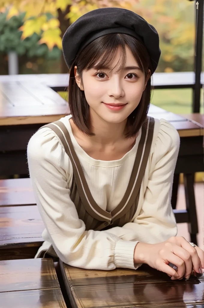 (masterpiece, best quality, perfect anatomy, highres, 8k, realistic, photorealistic, natural skin texture, no makeup:1.2), afternoon, 1girl, solo, Japanese, age20, female university student with a short bob haircut, very cute, (large breasts:1.4), autumn vibes, (sitting in a cozy café), (resting her cheek on a wooden table:1.5), (gazing viewer with a soft smile:1.2), wearing a beret and mini skirt, warm autumn atmosphere, vertical composition, jp idol, inugao