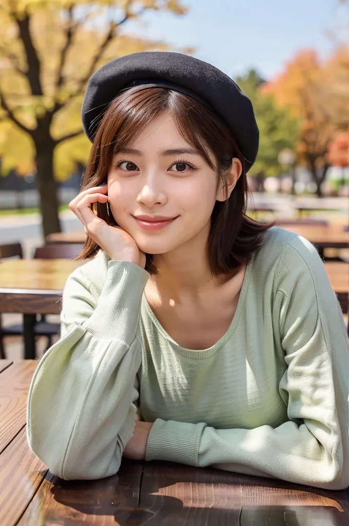 (masterpiece, best quality, perfect anatomy, highres, 8k, realistic, photorealistic, natural skin texture, no makeup:1.2), afternoon, 1girl, solo, Japanese, age20, female university student with a short bob haircut, very cute, (large breasts:1.4), autumn vibes, (sitting in a cozy café), (resting her cheek on a wooden table:1.5), (gazing viewer with a soft smile:1.2), wearing a beret and mini skirt, warm autumn atmosphere, vertical composition, jp idol, inugao