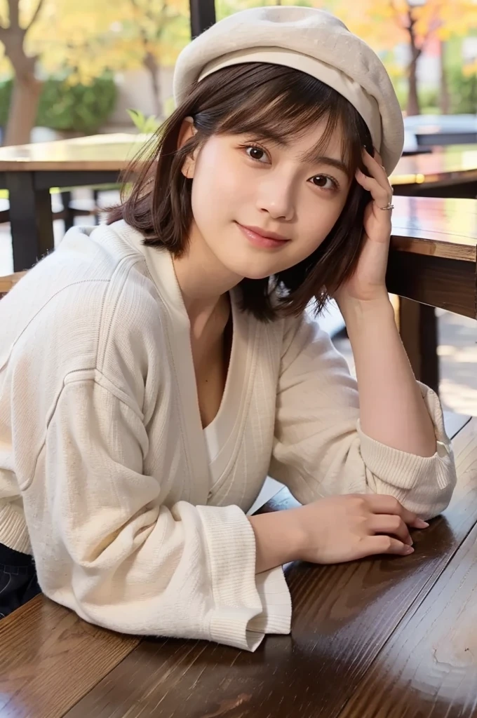 (masterpiece, best quality, perfect anatomy, highres, 8k, realistic, photorealistic, natural skin texture, no makeup:1.2), afternoon, 1girl, solo, Japanese, age20, female university student with a short bob haircut, very cute, (large breasts:1.4), autumn vibes, (sitting in a cozy café), (resting her cheek on a wooden table:1.5), (gazing viewer with a soft smile:1.2), wearing a beret and mini skirt, warm autumn atmosphere, vertical composition, jp idol, inugao