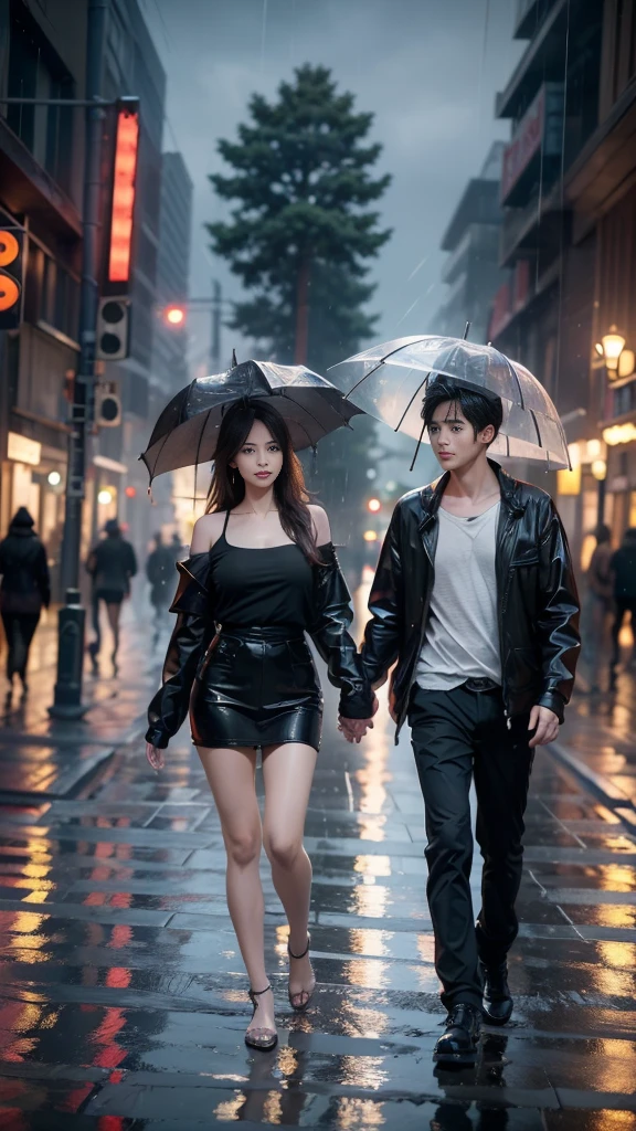 A young couple kissing on a rainy day Asian face holding an umbrella Teenagers on the street Canon photography Hyper-realism Masterpiece Full body shots Detailed and crystal clear