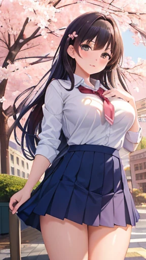 1 girl, beautiful girl, Super detailed, highest quality, perfect face, detailed face, transparent beauty, realistic, cute eyes, deep and fine eyes, perfect eyes, (Shiny blue beautiful eyes with reflection), Expectant smile, parted lips, glossy black hair, school sailor uniform, serahuku, Floating skirt, ((big breasts)), looking at the viewer, garden, Cherry Blossom,