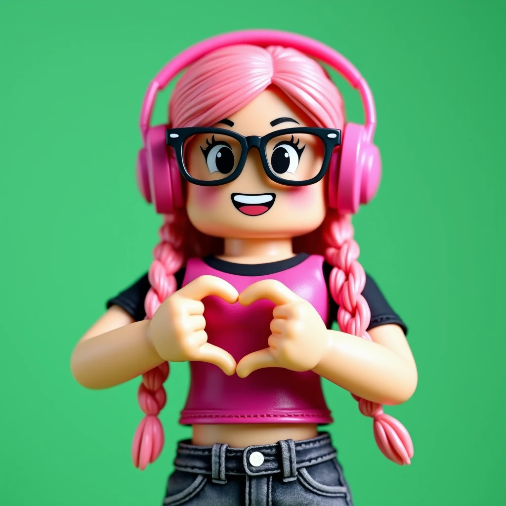  make a Roblox doll with braided pink hair,black eyeglasses on the face , pink headphone on head , pink blouse with black short sleeves,Gray jeans, making heart with hands,green background of the image 