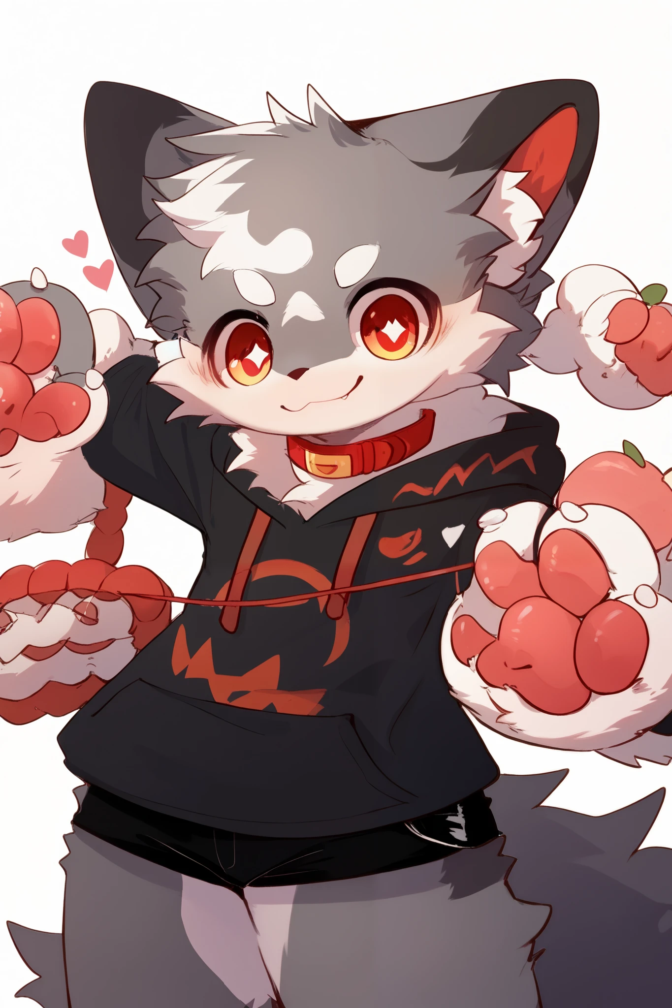  very detailedな, very detailed, white hair with gray fur ,,male, excited to see bones , wolf fur､Excited,participate, cute face, fluffy fur ,Horny boy,Red collar,cute ears ,Fluffy Ears ,Fluffy Ears ,Show your legs,Show me a paw , hold a red collar and string in your hand, cute fur boy, boy, heart eyes ,Horny boy , black back , white background , Red Nose ,Alone,Droopy ears, black shorts , black short-sleeved hoodie 