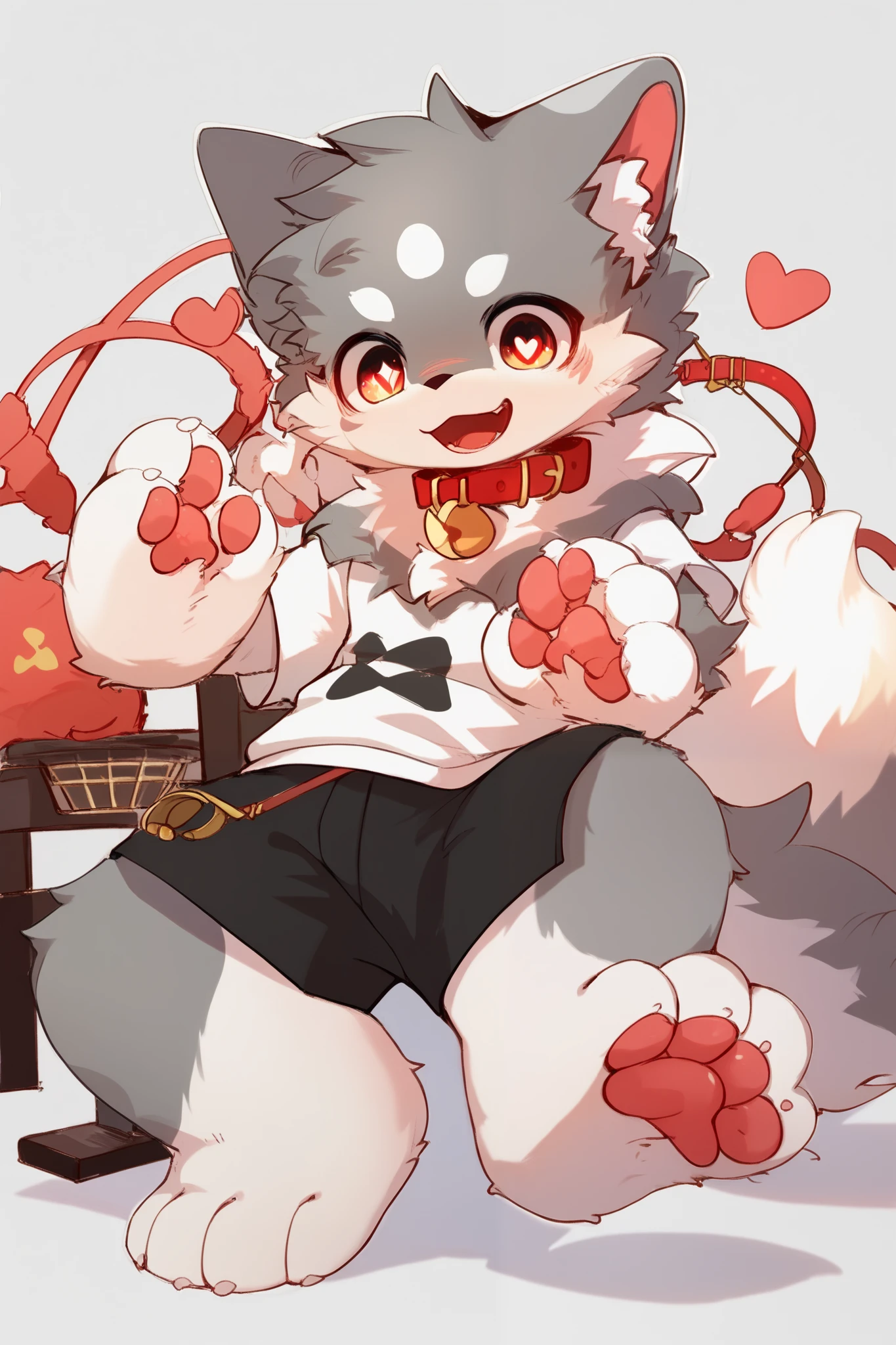  very detailedな, very detailed, white hair with gray fur ,Age 15,male, excited to see bones , wolf fur､Excited,participate, cute face, fluffy fur ,Horny boy,Red collar,cute ears ,Fluffy Ears ,Fluffy Ears ,Show your legs,Show me a paw , hold a red collar and string in your hand, cute fur boy, boy, heart eyes ,Horny boy , black back , white background , Red Nose ,Alone,Droopy ears, black shorts , black short-sleeved hoodie 