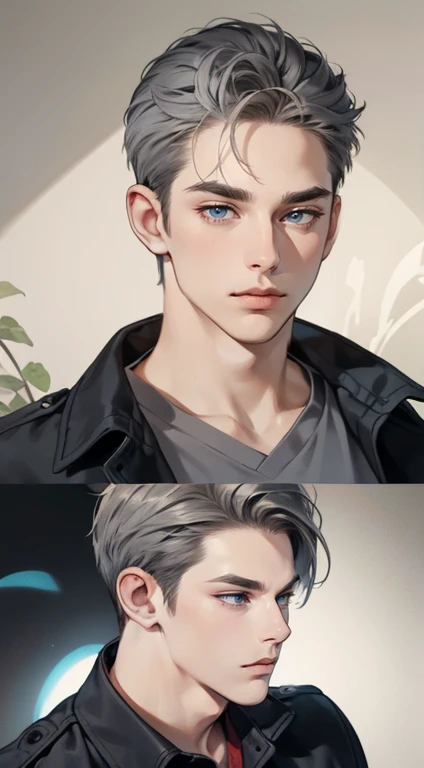 Masterpiece, Best quality, Realistic, 1人, Mature male, Quiet and charming young man, 25 years old, closing her eyes, Just woke up, Extremely detailed face, ((dark gray eyes)), ((Right sweep dark brown short hair)), [Thick eyebrows], Detective, International city, pyjamas, Cinematic lighting, Answering the phone, Postural dynamics,eyes looking at viewer