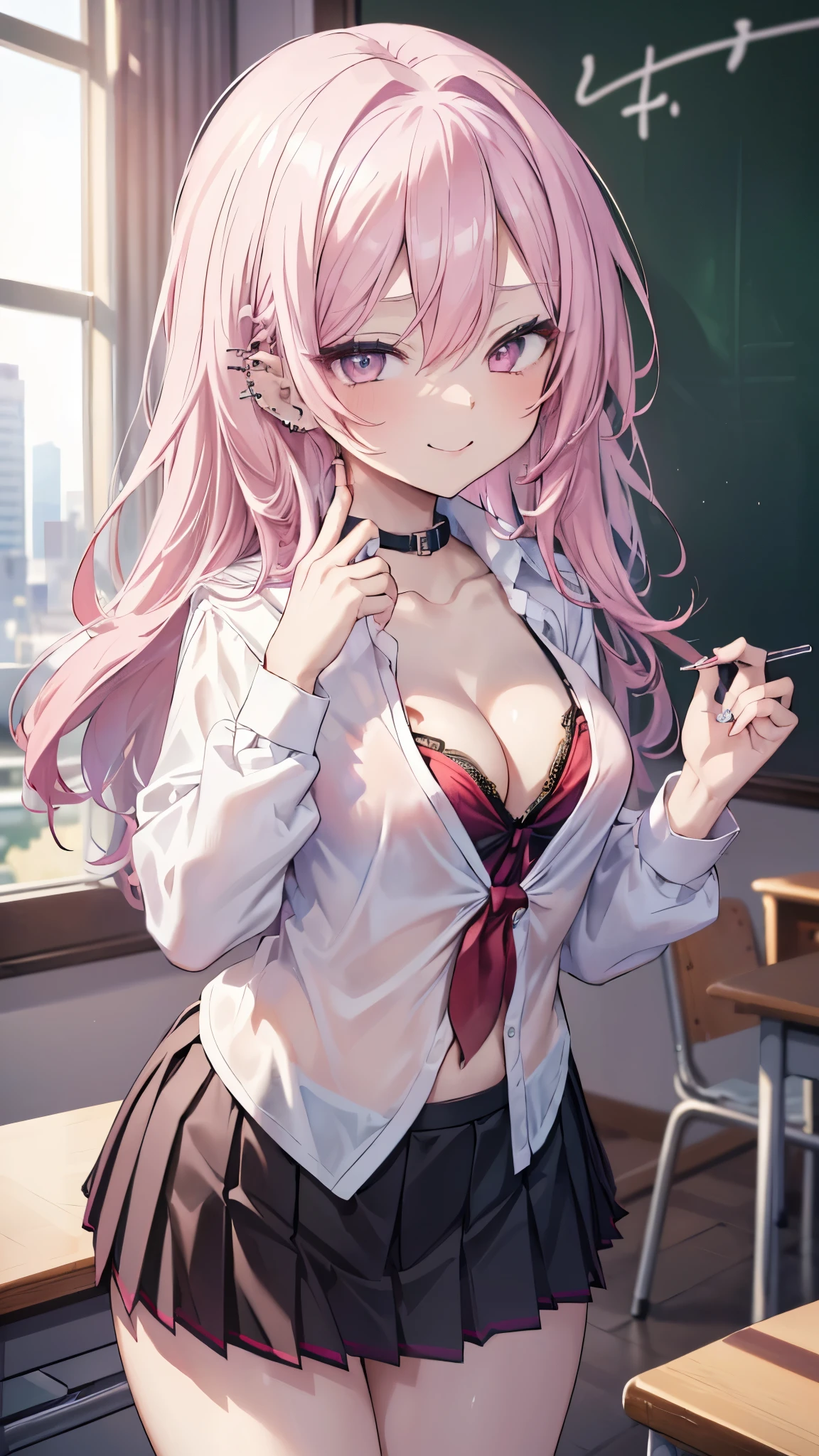 junkoenoshima, <lora:junkoenoshima-lora-nochekaiser:1>,
junko enoshima, bear hair ornament, blue eyes, long hair, pink hair, twintails, evil smile, grin, <lora:talkmouth_I_v100:0.8> open mouth,
BREAK bow, bra, choker, cleavage, fingernails, lace trim, lace-trimmed bra, long fingernails, loose necktie, nail polish, necktie, plaid, plaid skirt, pleated skirt, skirt, underwear,
BREAK indoors, classroom,
BREAK looking at viewer, (cowboy shot:1.5),
BREAK <lyco:GoodHands-beta2:1>, (masterpiece:1.2), best quality, high resolution, unity 8k wallpaper, (illustration:0.8), (beautiful detailed eyes:1.6), extremely detailed face, perfect lighting, extremely detailed CG, (perfect hands, perfect anatomy),