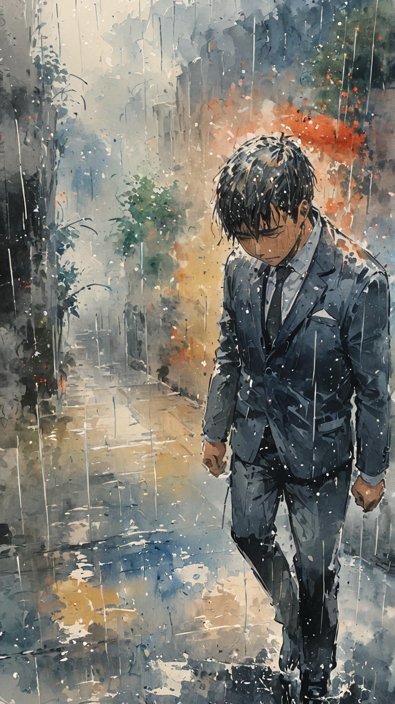 watercolor painting of a man in suit in the rain. full body shot of the man who is soaked under the rain. he tilts his head up to face the rain, the rainwater flows down his face. he is walking in the street, holding his hands out to feel the rain. watercolor brushes stroke painting style. the sky is dark.