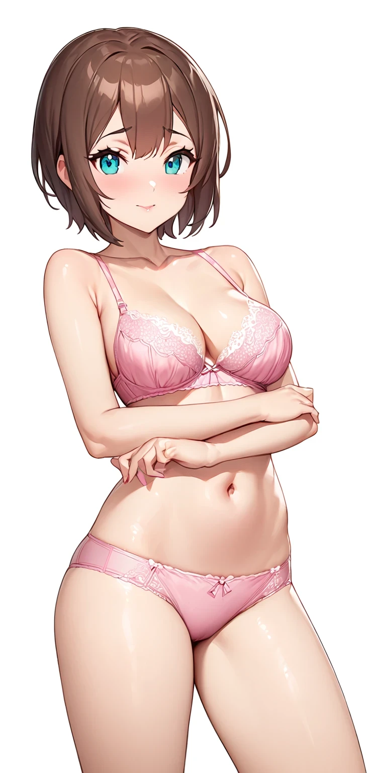 score 9 、score 8 up、score 7 up、source anime、masterpiece、 top quality 、 high res、1girl、anime girl in a underwear、Alone、Short Hair、Brown Hair、 Teal Eyelids、 r /art, r/art, r / art、 Pink underwear 、Pink Bra、pink panty、cleavage、navel、midriff、stomach、collarbone、Girls with medium breasts、 standing、detailed fanart、commission for high res、oc commission、danbooru and artstation、high quality fanart、bra with an pink、panty with an pink、 Seductive Anime Girls 、looking at viewer、 cowboy shot、Female focus、bra and panty only、