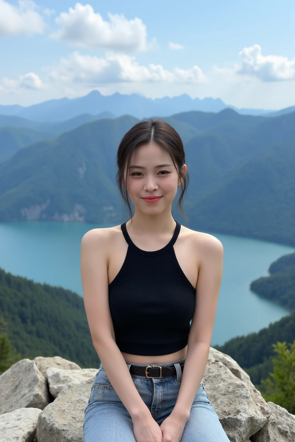 ((best qualtiy, 8K, tmasterpiece:1.3)),Focus:1.2, female high-school student,wooden cabin,(A look of determination)(adolable),delicated face,Long hair waist-length,long hair flowing,Tilt your head,ssmile,Hair details,Delicate Full Body Portrayal,Delicate depiction of the face,Best picture quality,A high resolution,细致背景,Delicate portrayal,exquisitedetails,Rich in detail,Facial strengthening,(grey crop top,short skirt),with blue sky and white clouds,Sit Pose,The Great Wall background,There are no bags under the eyes