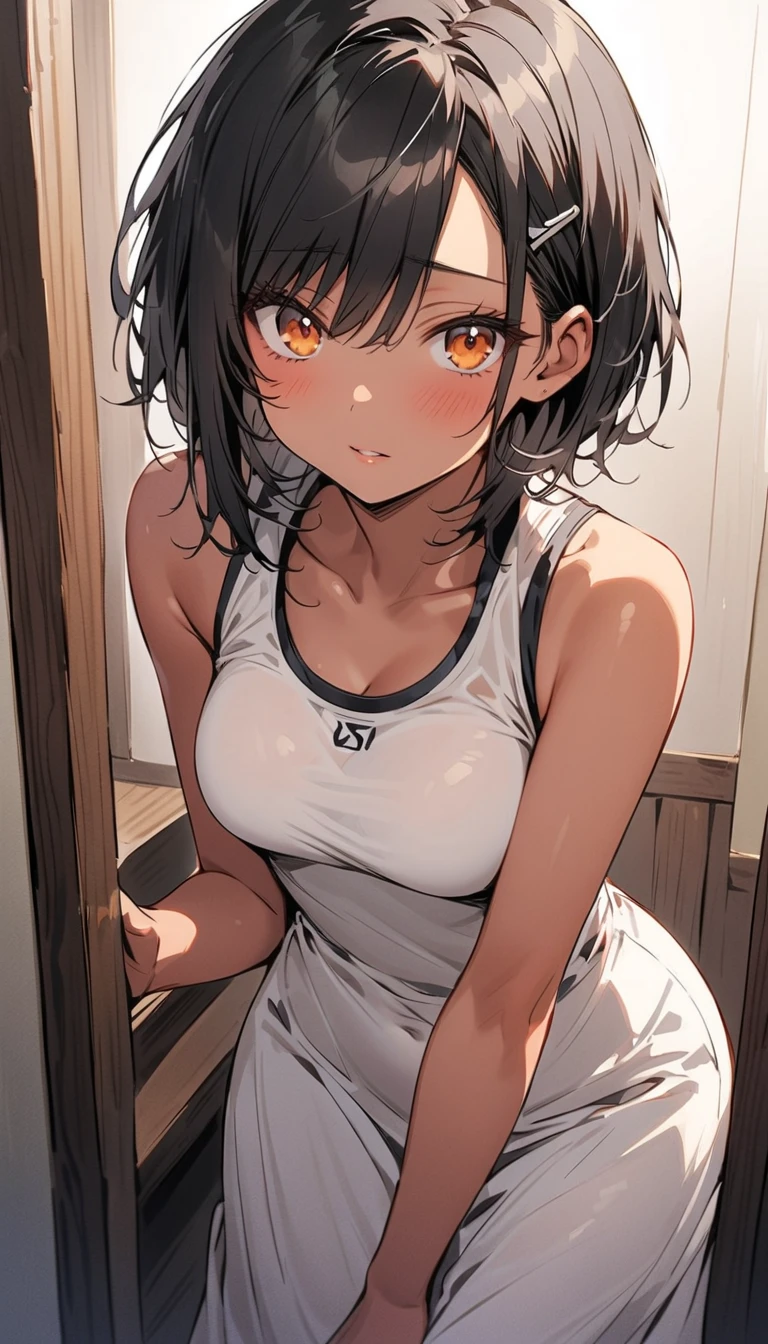 bed, bed room, (Sit on the bed), (((((night))))), (((((darkened room))))), agers girl, one girl, thighs, (swet), (wet skin), ((erotic)), ((sensual)), (Wall in background), (simple background), (Close-up of a girl), warm color scheme, Extremely exquisite body, beautiful detailed glow, cinematic lighting, 4K illustration, masterpiece, best quality, by top artist, by famous artist, by plo artist, (((gym uniform))), (simple gym shirt), (((buruma(black)))), ((Authentic shiny skin texture)), ((Soaked skin)), ((radiant skin)), (Kneeling), (leaning forward), (gravure pose), black hair, ((ponytail hair))