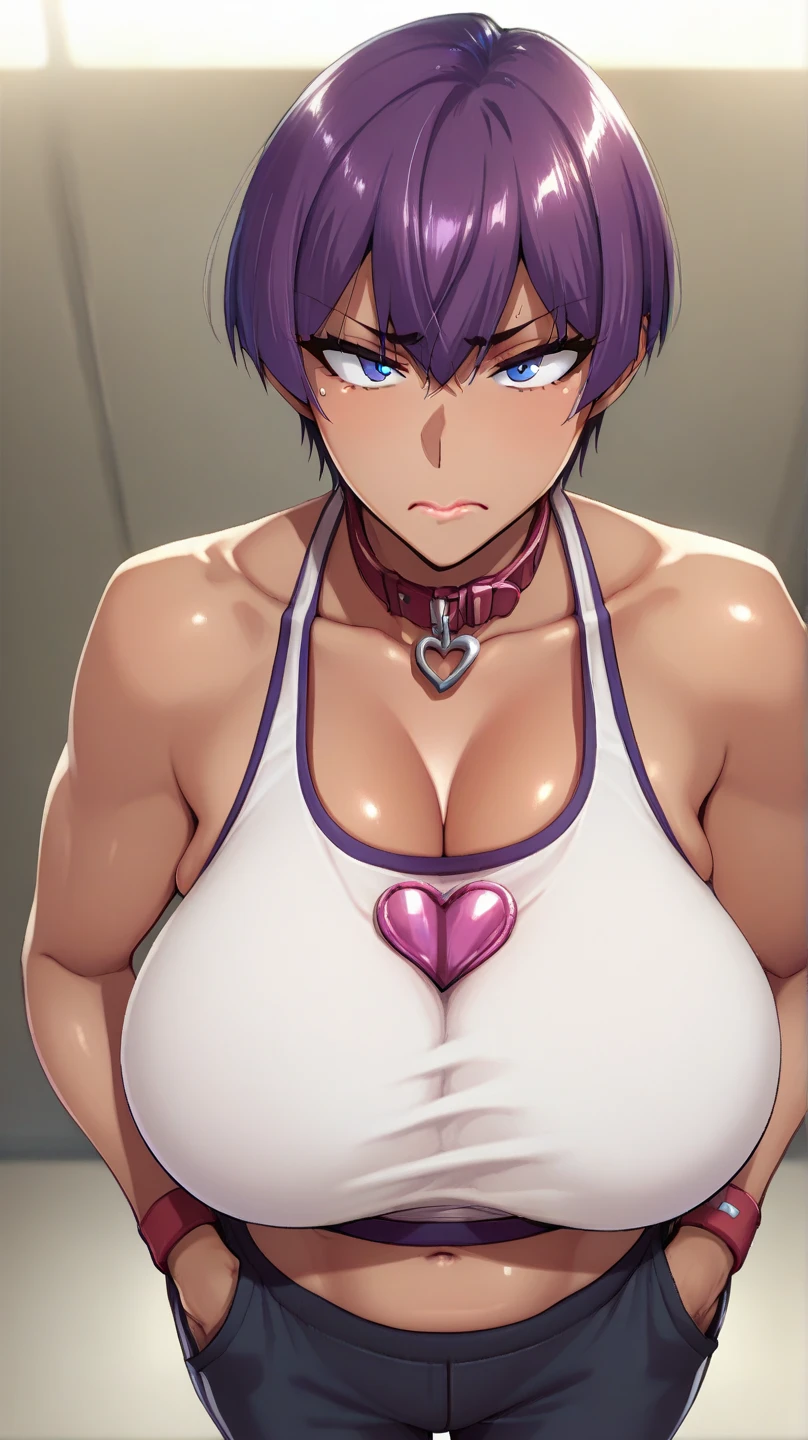        score_9,        score_8_above,        score_7_above,        score_6_above,       Takeda Hiromitsu style     , 2 girl, huge breast ,     big breasts,      High Details    ,       The best quality   ,    Anatomically correct  ,      short hair ,      Closed mouth      ,  purple heart patties    ,    So lines   ,  dark skin    ,  collar de perro ,  tanned  ,     full body ,   sports pants ,  hands in pockets 