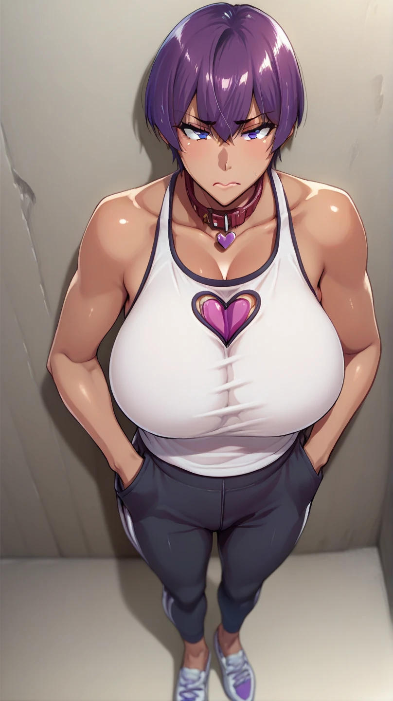        score_9,        score_8_above,        score_7_above,        score_6_above,       Takeda Hiromitsu style     , 2 girl, huge breast ,     big breasts,      High Details    ,       The best quality   ,    Anatomically correct  ,      short hair ,      Closed mouth      ,  purple heart patties    ,    So lines   ,  dark skin    ,  collar de perro ,  tanned  ,     full body ,   sports pants ,  hands in pockets 