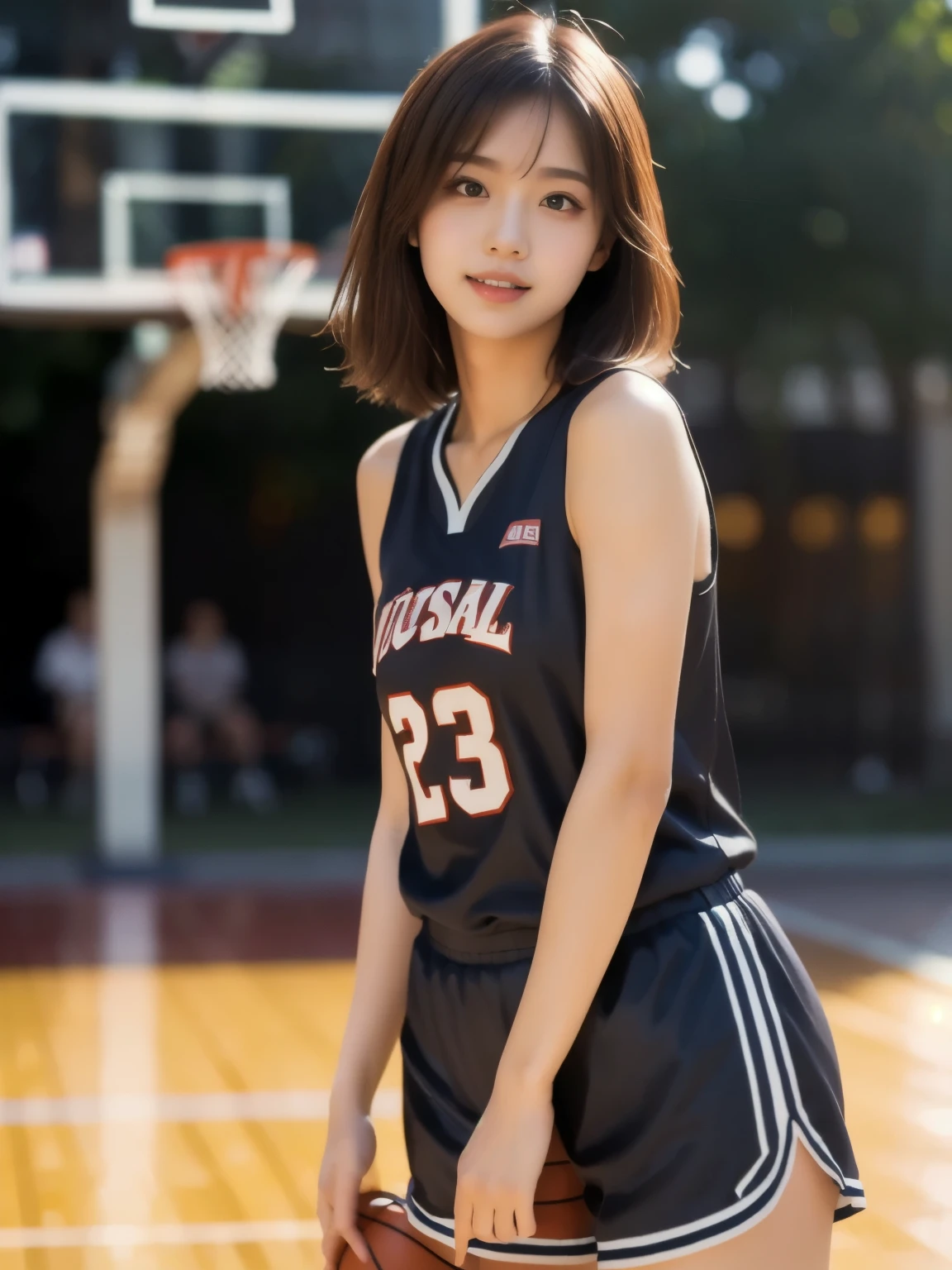 (8k, best quality, masterpiece:1.2), (realistic, photo-realistic:1.37), ultra-detailed,best quality, ultra high res, professional lighting, photon mapping, radiosity, physically-based rendering, cinematic lighting, basketball court,depth of field, sharp focus,sunbeam, good composition,(bokeh:1.2) 1girl,solo,(full body), (closed mouth), detailed eyes, pose, narrow waist,basketball uniform, black hair,messy hair,long hair floating in wind,(ulzzang-6500:1.2),  mix4, hiqcgbody