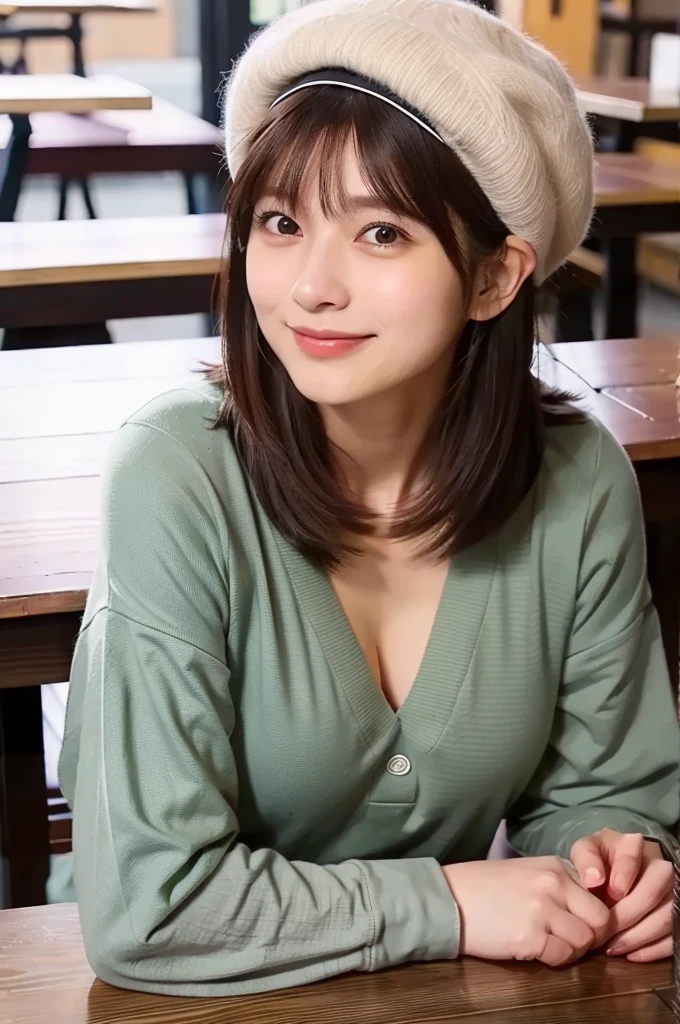 (masterpiece, best quality, perfect anatomy, highres, 8k, realistic, photorealistic, natural skin texture, no makeup:1.2), afternoon, 1girl, solo, Japanese, age20, female university student with a short bob haircut, very cute, (large breasts:1.4), winter vibes, (sitting in a cozy café), (resting her cheek on a wooden table:1.5), (gazing viewer with a soft smile:1.2), wearing a beret and mini skirt, cold winter atmosphere, vertical composition, jp idol, inugao