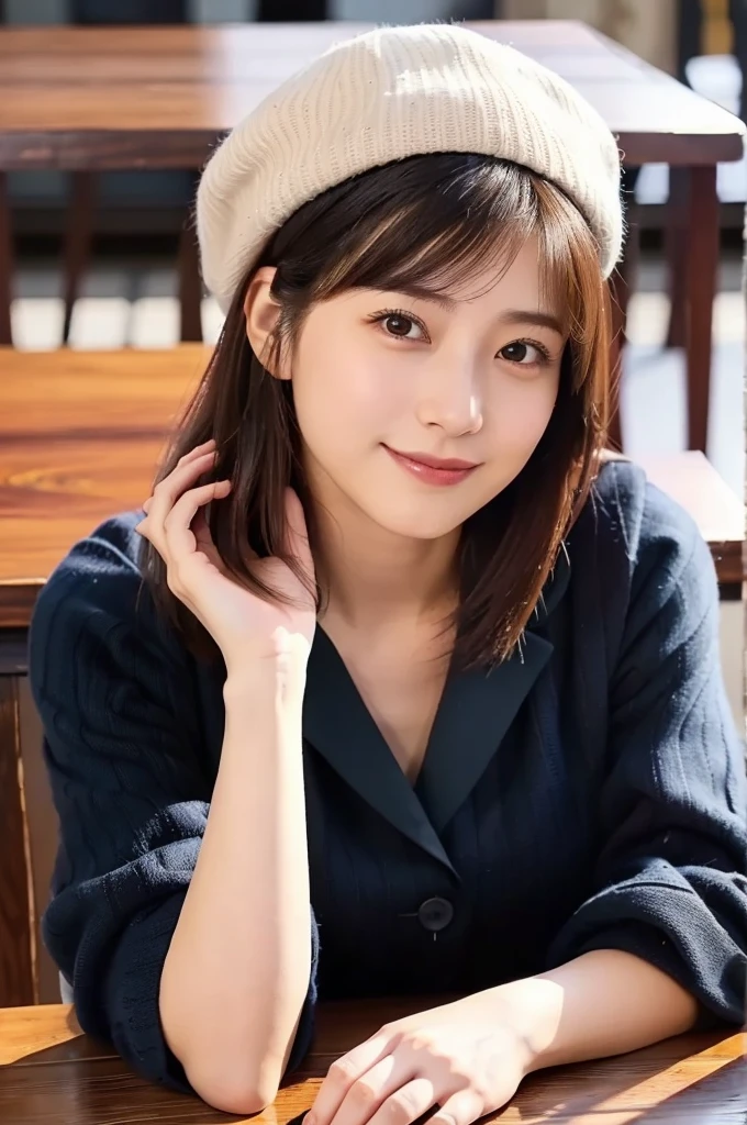 (masterpiece, best quality, perfect anatomy, highres, 8k, realistic, photorealistic, natural skin texture, no makeup:1.2), afternoon, 1girl, solo, Japanese, age20, female university student with a short bob haircut, very cute, (large breasts:1.4), winter vibes, (sitting in a cozy café), (resting her cheek on a wooden table:1.5), (gazing viewer with a soft smile:1.2), wearing a beret and mini skirt, cold winter atmosphere, vertical composition, jp idol, inugao