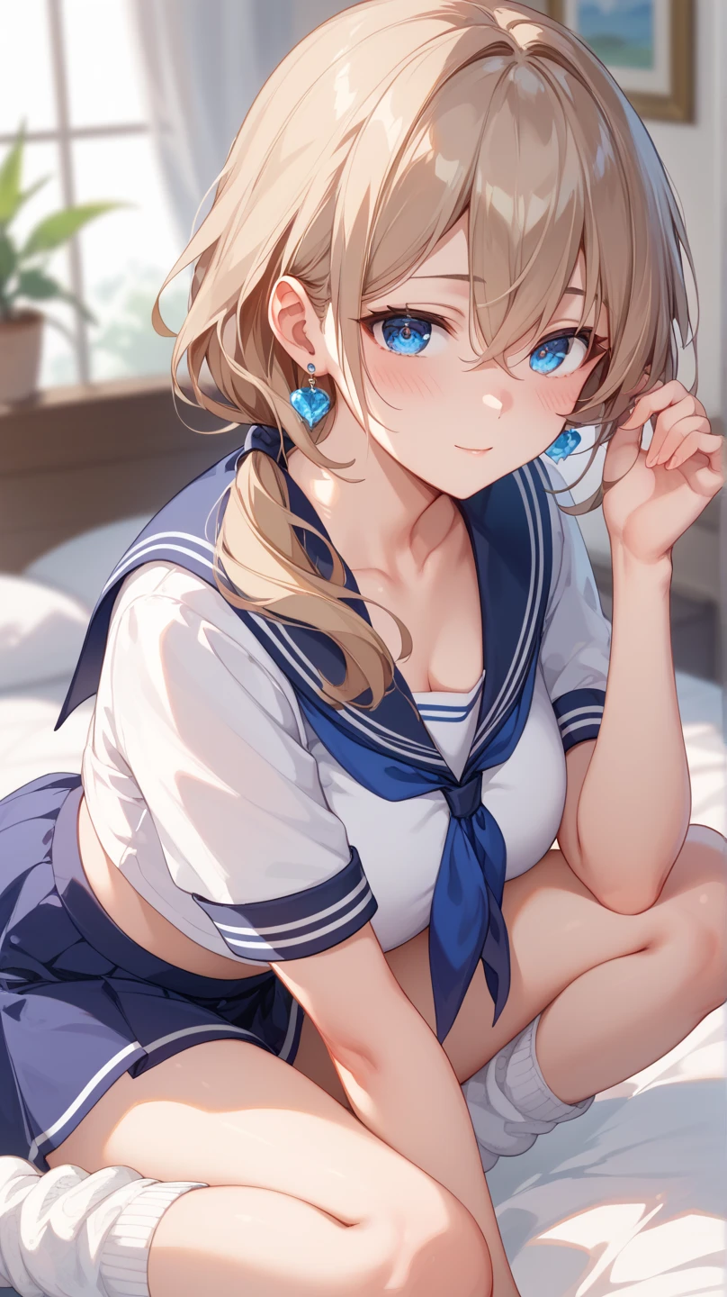  super high res、 top quality 、masterpiece、 high detail 、 very detailed、 accurately drawn body 、1 person、20-year-old woman、 Light Brown Hair、Delicate hair、 Low Ponytail 、 bangs between eyes、Droopy eyes、 blue eyes、( beautiful eyes)、reflective eyes 、 textured skin、 summer sailor suit、Short sleeve、 miniskirt、 Loose Socks 、 earrings for women with first name、 bed、 wariza、blush、 simple background、 Blurred Background