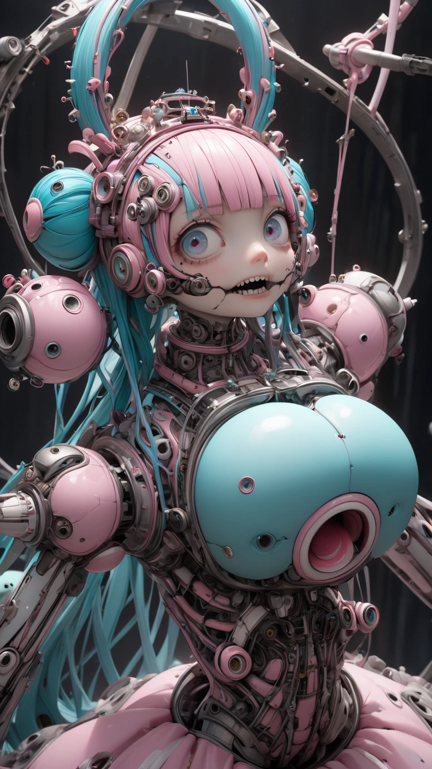 (8k, highest quality, masterpiece:1.2), (Realistic, photo-Realistic:1.37), Very detailed,Beautifully detailed skies,(highest quality),((Very delicate and beautiful)),((Hide your chest)),Cinematic Light, splatoon girl、3D、Real Anime、(1Mechanical girl),alone,((Upper body hanging by wire)),((Hanging with wire and tube)),(machine made Joint:1.2),((Mechanical limbs)),(Blood vessels connected to tubes),(Mechanical vertebra attaching to back),((Mechanical cervical attaching to neck)),(Wires and cables around the neck:1.2),(Overhead Wires and Cables:1.2),(Character Focus),sf,The battle begins,Beautiful details, Huge , the body is slim,
Glamour,Medium Hair,Confused ,Embrace your heart,Ground View Down,(((whole body))),No bra,See through,
リールMecha, Mechanical parts, Joint, Mecha,Black tentacle hair,blue eyes,Robber Girl,Red lips,Compensate,Realistic,Stylish girl, Vivian, Dataset,