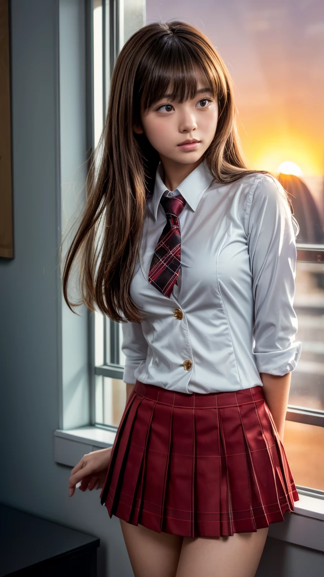 Screenshot of Boku no hero beautiful young woman teenager, light brown wavy hair, dark brown eyes, she is wearing a white blouse, with a red tie and a gray jacket, serious expression looking to the side, background is in a room looking from the window at the sunset