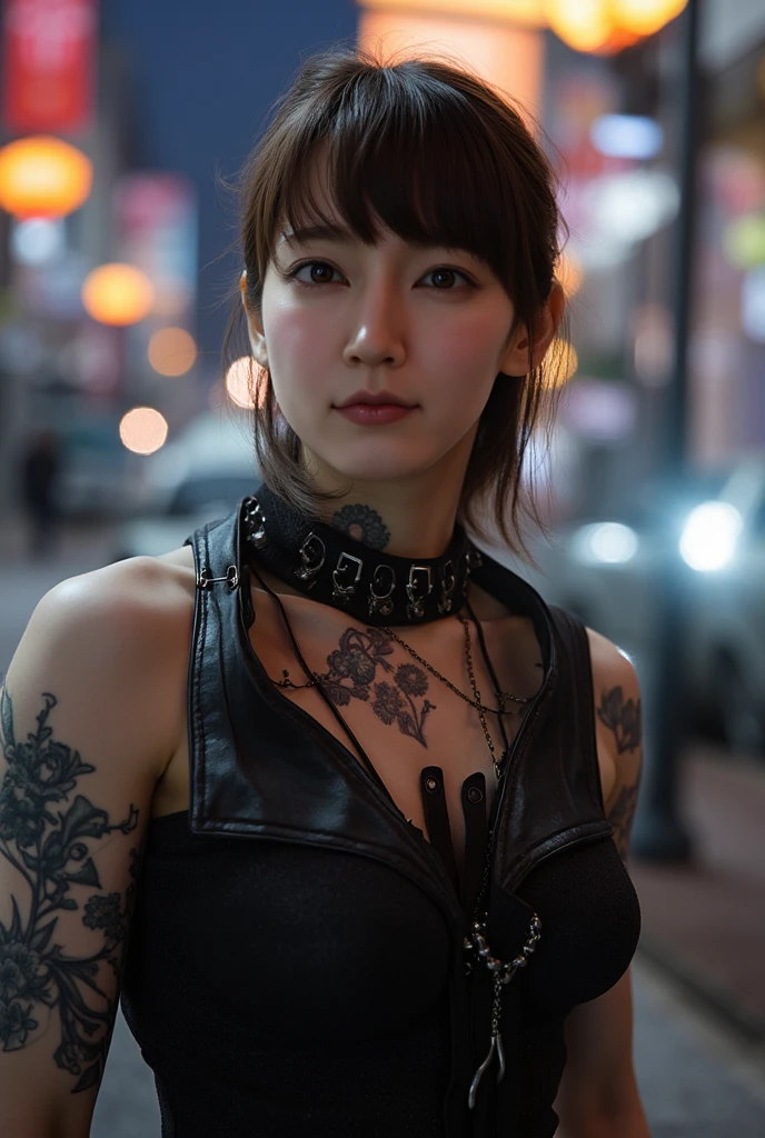 Downtown at night、Japanese young beautiful girl idol、Punk Fashion、Expose large breasts、Leather jacket with studs、Pants only、Playing guitar、Tattoo
