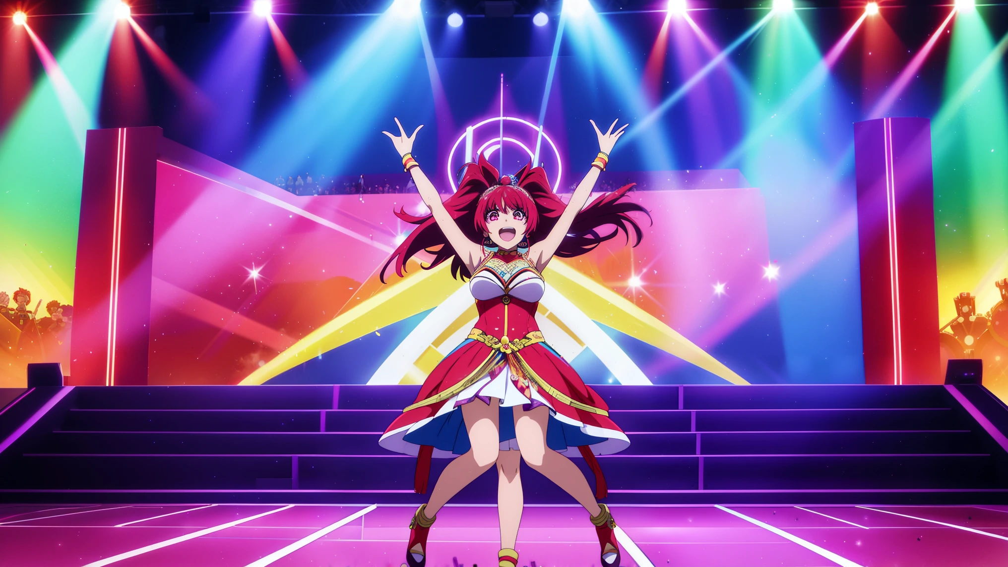 An anime-style scene of a vibrant concert: a confident anime girl performing on a circular stage under a dazzling array of colorful spotlights. She wears an elaborate stage outfit, with dynamic motion in her hair and accessories, as she sings passionately into a microphone. The stage is surrounded by a lively audience with glowing sticks, cheering and waving their hands. The background features intricate lighting effects, beams cutting through a smoky atmosphere, and a sense of energy and excitement filling the air. Highly detailed, vivid colors, and dynamic composition, front view, not so much saturation, metal and neon style, less colors