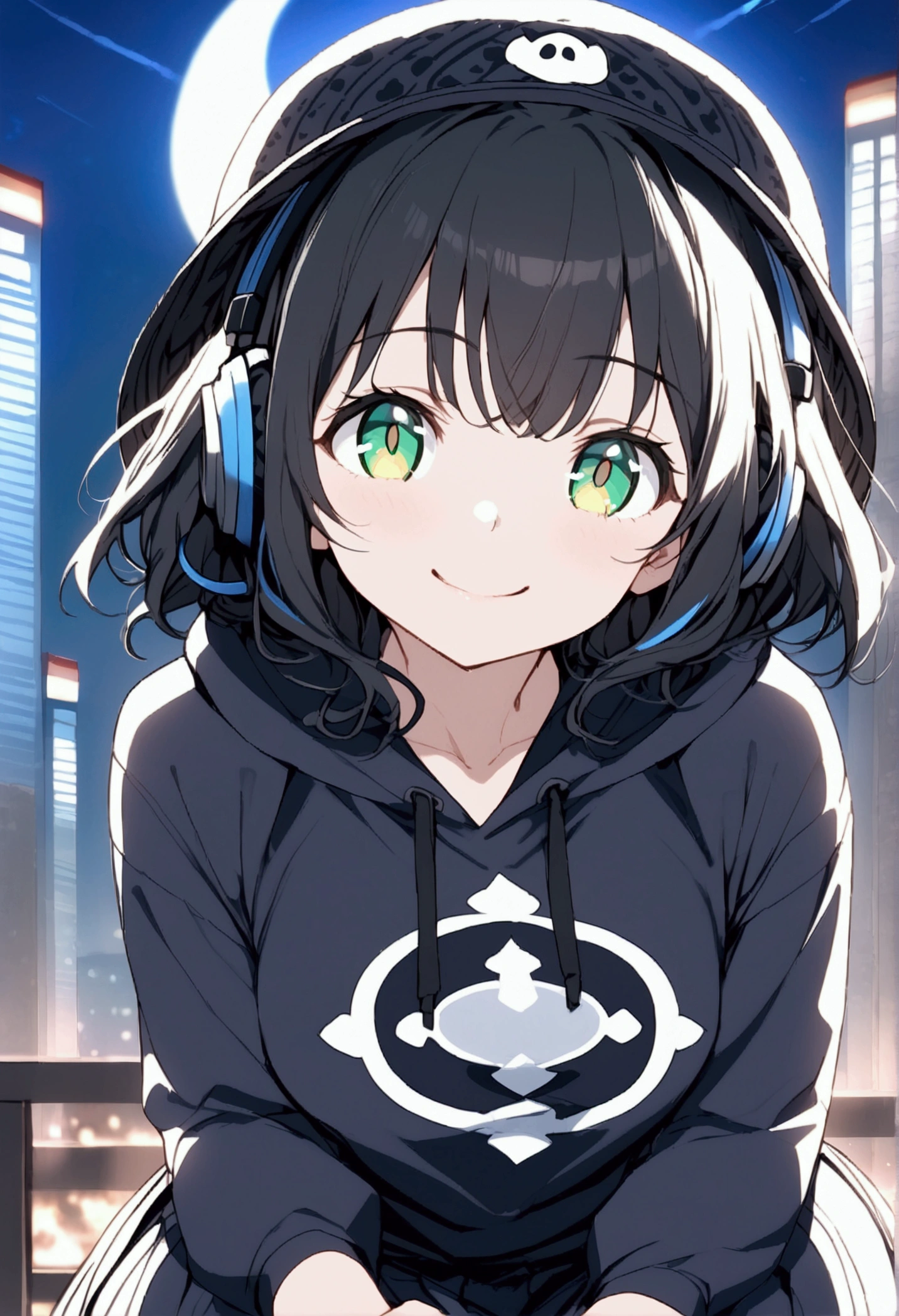 {{{masterpiece}}}, {{{ top quality }}}, {{ ULTRA DETAIL}}, { beautiful,  detail eyes},  One girl , Alone, (( black hair)),  bob cut, (( green eyes)), (wavy hair ), (pattsun maegami), Black headphones, ( cute black patterned hoodie), cute black patterned hat,( cute black long skirt), has a smiling face,tooth,pattsun maegami,Midea, black hoodie , jade colored eyes,night background
