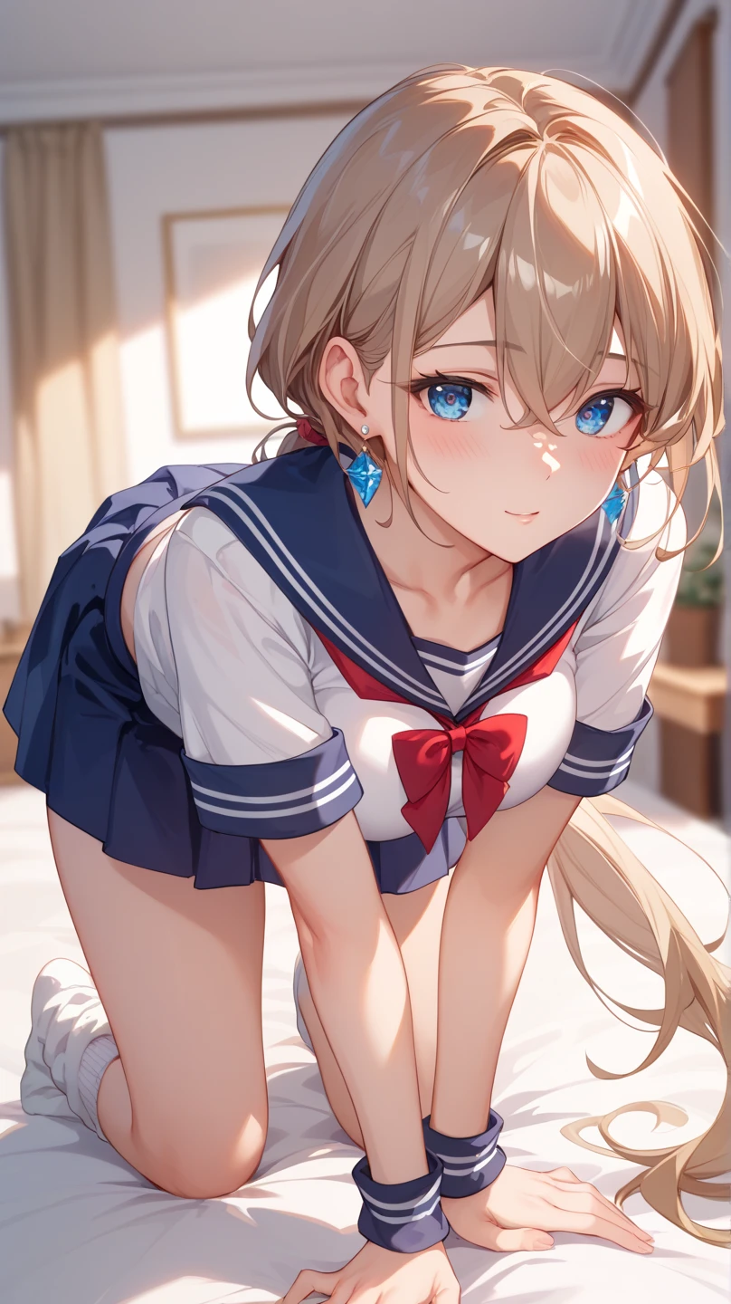  super high res、 top quality 、masterpiece、 high detail 、 very detailed、 accurately drawn body 、1 person、20-year-old woman、 Light Brown Hair、Delicate hair、 Low Ponytail 、 bangs between eyes、Droopy eyes、 blue eyes、( beautiful eyes)、reflective eyes 、 textured skin、 summer sailor suit 、Short sleeve、 miniskirt、 Loose Socks 、 earrings for women with first name、 bed、 on all fours、blush、From diagonally ahead、 simple background、 Blurred Background