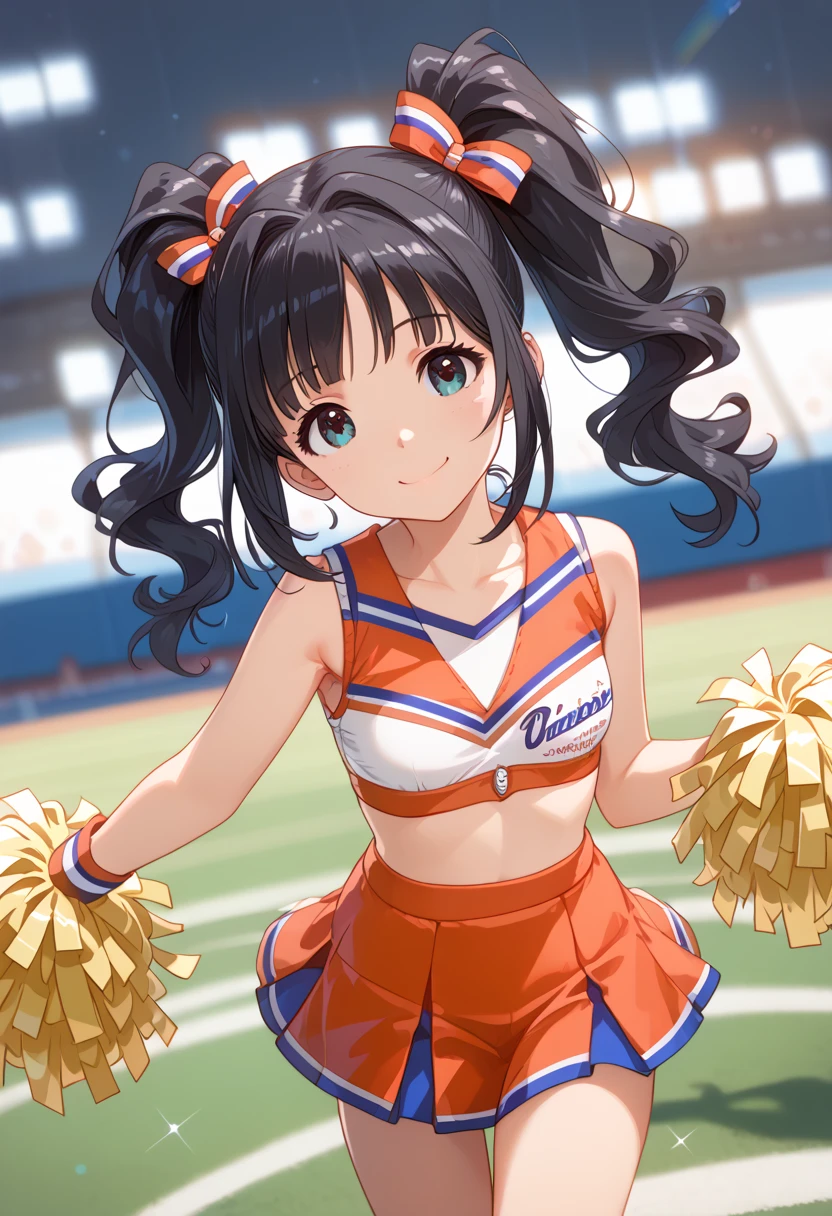  cheerleader, small smile , cheerleading, cheerleader uniform, (((masterpiece))), ((( top quality ))), (( ULTRA DETAIL)), ( illustrations), (( Very Delicate and Beautiful )),(Bokeh,Blurred Background),(Best Shadow),  One girl , white panties,  black hair,  long hair, Cute,cute,change,  Shiny Highlight Spots Above Eyes,  Character Focus , head tilt ,