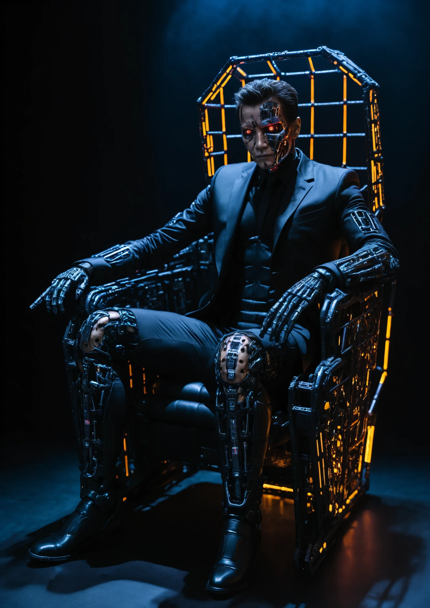 humanoid robot, (real human black suit), fierce and cold face, ((gun)), 1man, is a damaged terminator with half the face damaged, (being trapped in a neon simple outlined cage in the foreground), sitting on a throne, dark background, intricate circuits, close-up:0.5, strong backlight, portrait, photorealistic