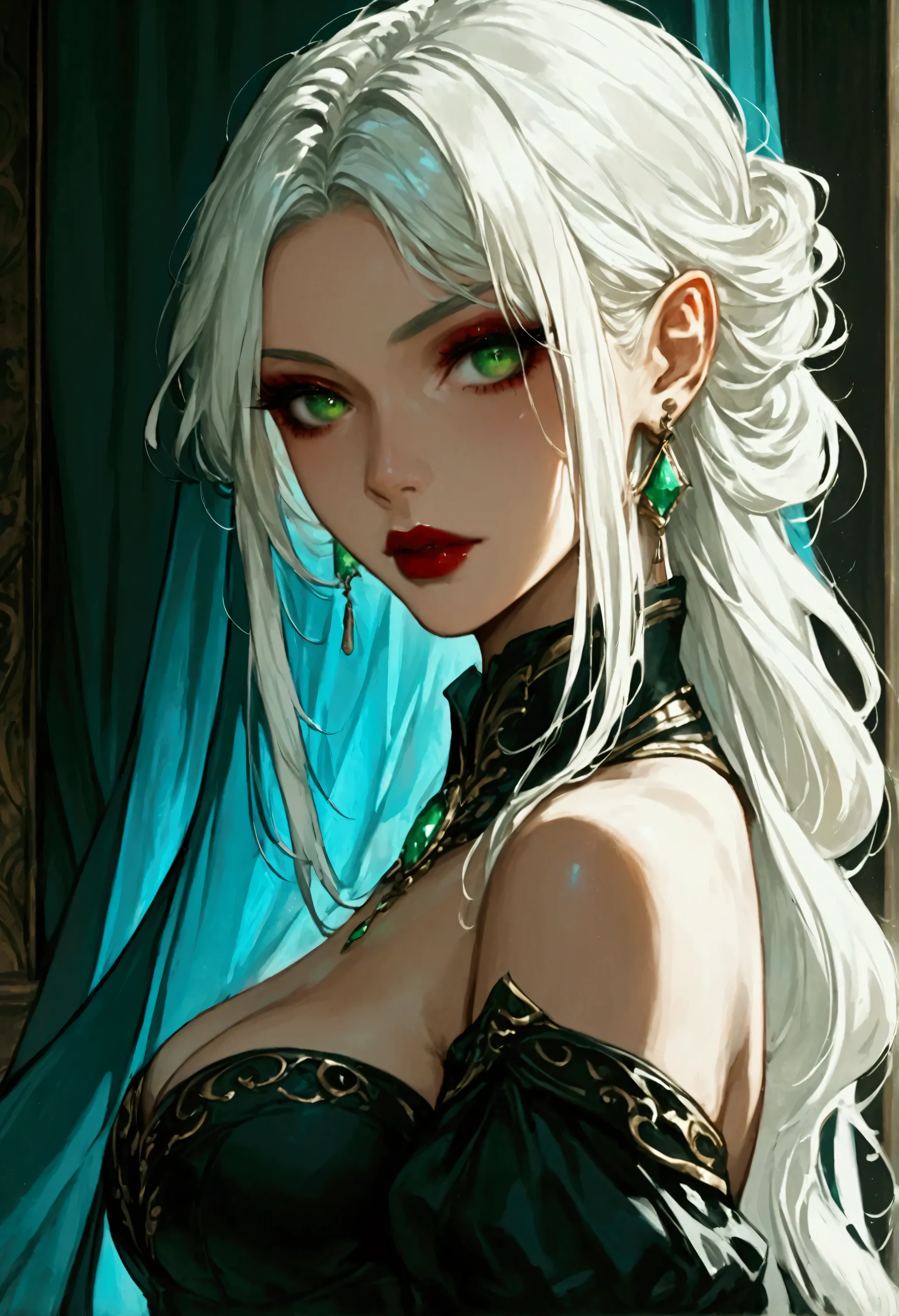 score_9, score_8_up, score_7_up, score_6_up, score_5_up, score_4_up, Arafed, a portrait of an vampire woman, drpping blood, exotic beauty, long hair, white hair, (emerald green eyes), dark red lips, glamour shot, she wears an (black: 1.3) elegant suit, (blue cloak: 1.3), high heel boots, full body shot, 16k, ultra detailed, masterpiece, best quality, (extremely detailed), arafed, dnd art Cinematic Shot