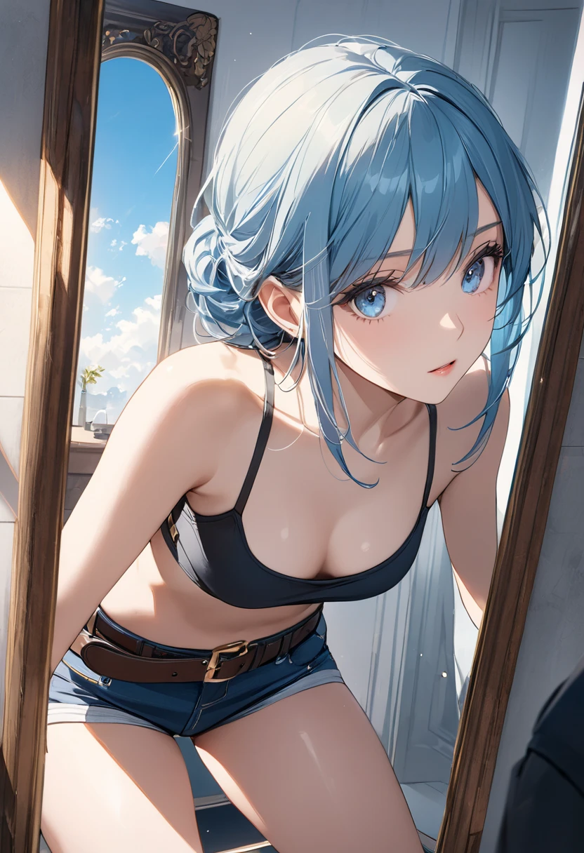 (masterpiece, best quality, ultra-detailed), (beautiful detailed face, beautiful detailed eyes, volumetric lighting),
1girl, solo, (full body, spmid:1.2), panties, skirt,
shaggy hair hair, gray hair, ( ice blue eyes:1.1), small breasts,
(beautiful knoll at afternoon:1.2), (lens flare, chromatic aberration:1.1),