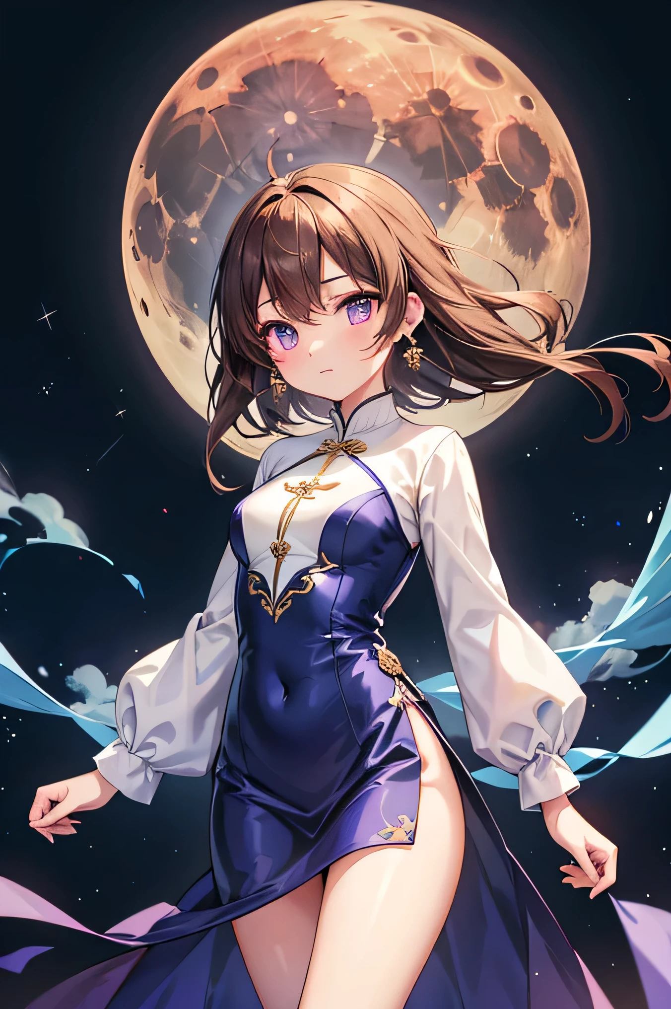 "tmasterpiece，best qualtiy，super-fine，illustratio，Extremely refined and beautiful，Movie Angle，floatking，beatiful detailed eyes，Detail light，电影灯光，Exquisite sky，woman，whaite hair，eBlue eyes，high ponytails，cloaks，glowing light eyes，themoon，rays of moonlight，starrysky，Light particles，mist，Snow painting，sketching，blooms。"