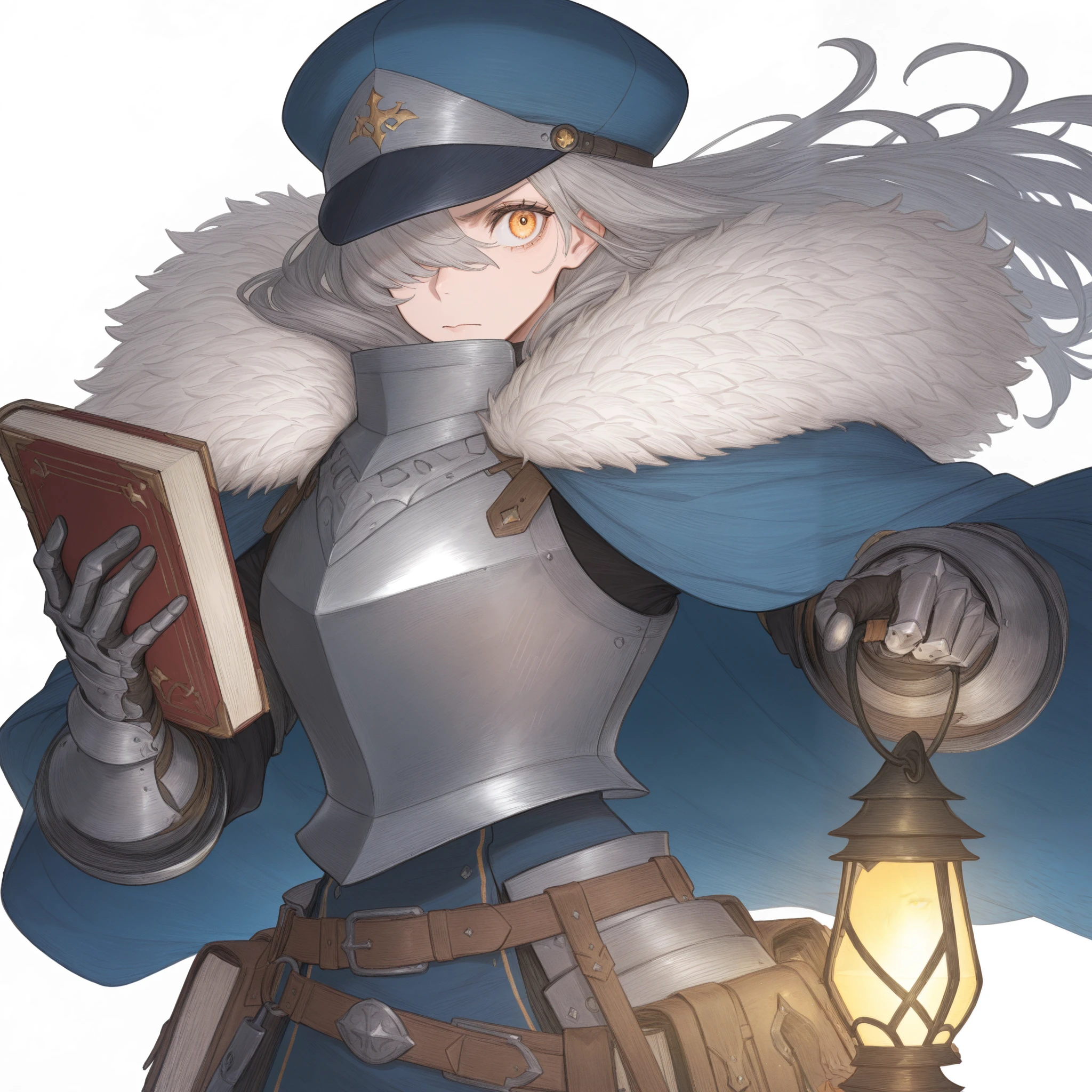 masterpiece, best quality, amazing quality, very aesthetic, high resolution, sketch,
kdmstyle, 1girl, solo, long hair, simple background, gloves, hat, white background, holding, closed mouth, yellow eyes, upper body, weapon, grey hair, belt, cape, armor, hair over one eye, orange eyes, fur trim, shoulder armor, gauntlets, blue headwear, lantern, breastplate, blue cape, holding book, 
