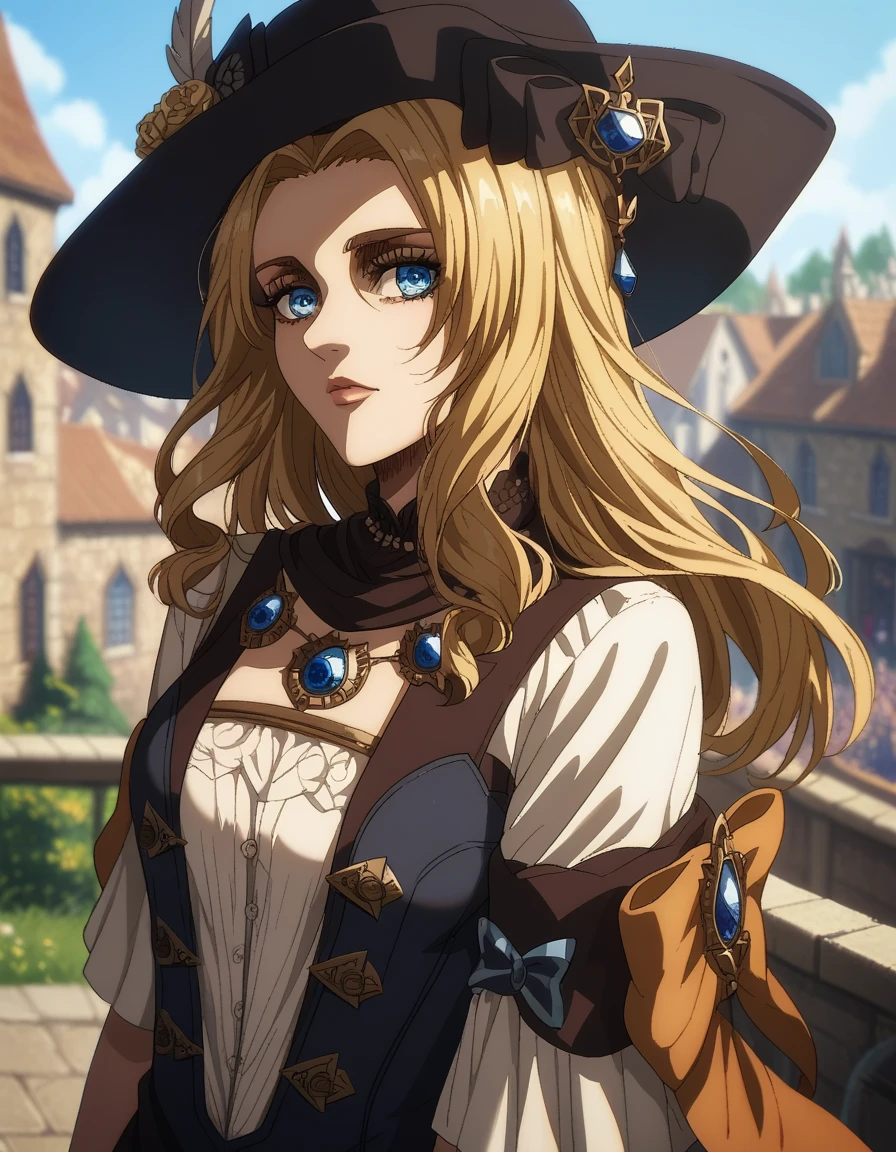 A young girl, solo, happy look, dark atmosphere, thriller, Navia from Genshin Impact, Historia Reiss Attack on Titan Season 4, eyeshadow, A tall young woman with fair skin, blue eyes and long wavy blond hair. She is wearing a dark blue corset, under which there is a white shirt; a dress decorated with dark blue and gold inserts; a black hat tilted to the left side of her head. On her feet she wears black boots with bows and blue gems, as well as black knee socks turning into a dark gray color. The orange bow on Navya's left hand serves as an accent on which the "Vision" is attached. Survey Corps emblem, ( beautiful eyes:1.1), (perfect face, detailed face, detailed eyes, perfect eyes, perfect hands, perfect fingers, large breast, upper body), perfect hands, detailed clothing, black shoes, long legs full body, outdoors, she's stands on the roof of a medieval building, medieval city on the background, (looking at the viewer), Attack on Titan Season 4 uniform,