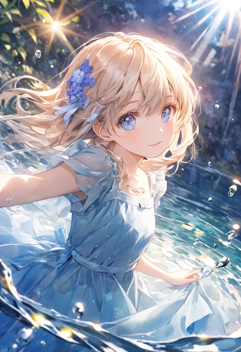 art by Cornflower,  dreamy ( beautiful、A ite girl with beautiful eyes. The depth of field in the photo is perfect,  lens flares create a wonderful atmosphere, {{side:2}}}, Water-soaked dress