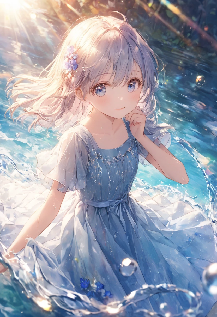 art by Cornflower,  dreamy ( beautiful、A petite girl with beautiful eyes. The depth of field in the photo is perfect,  lens flares create a wonderful atmosphere, {{side:2}}}, Water-soaked dress