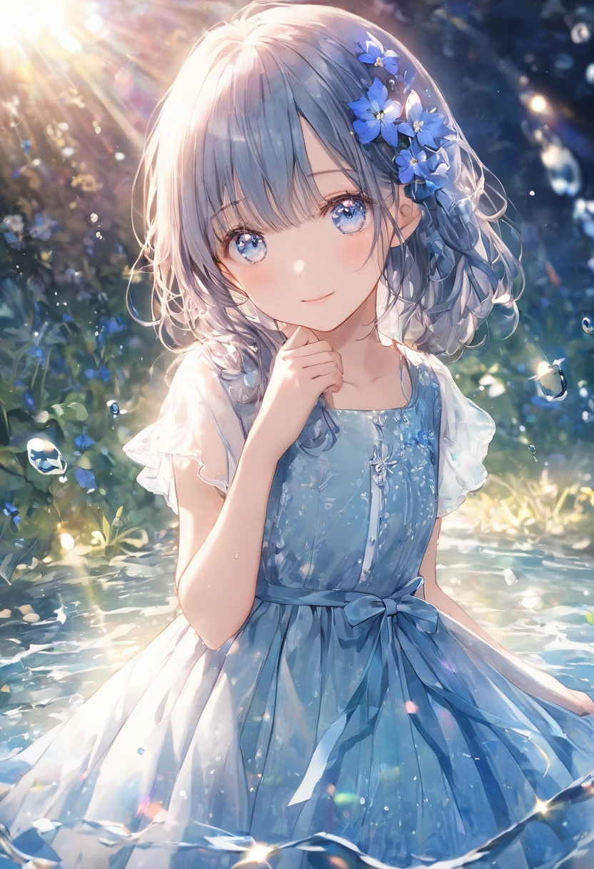 art by Cornflower,  dreamy ( beautiful、A petite girl with beautiful eyes. The depth of field in the photo is perfect,  lens flares create a wonderful atmosphere, {{side:2}}}, Water-soaked dress