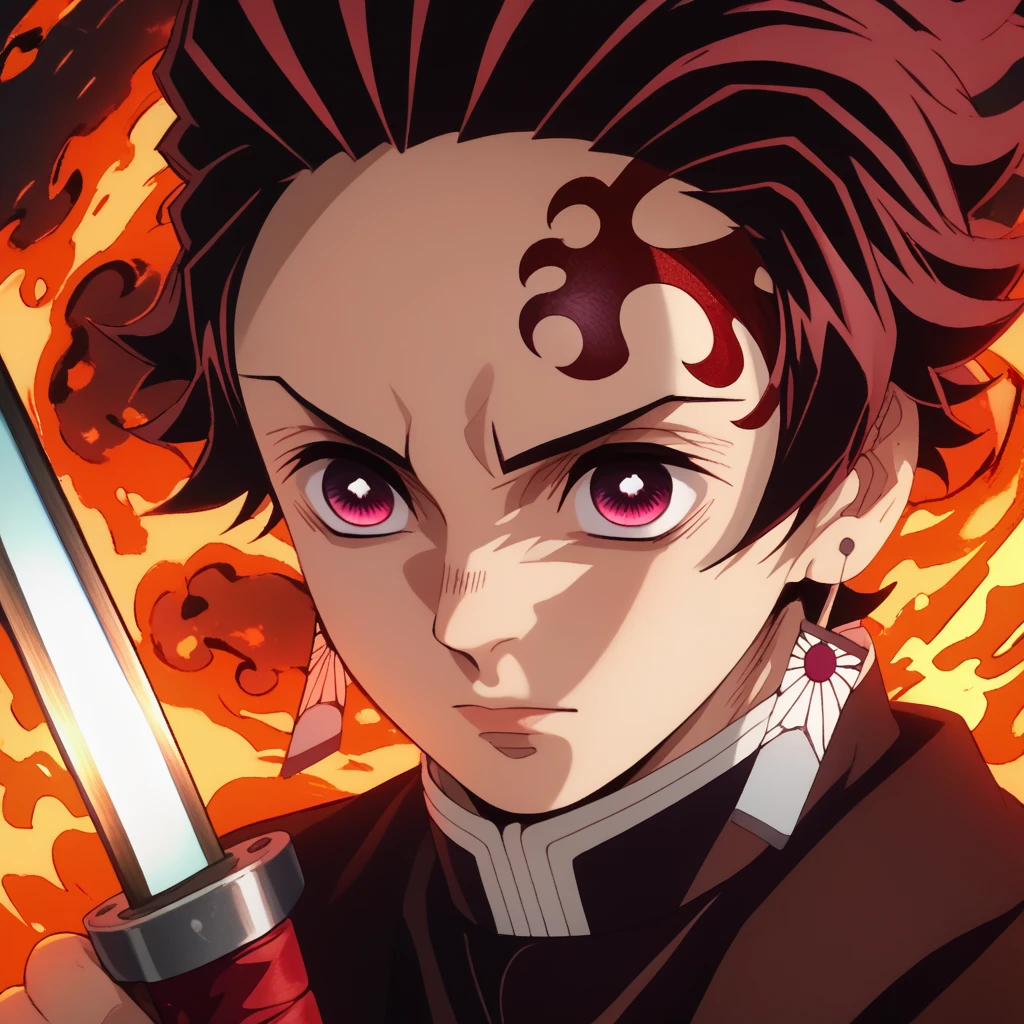 score_9, score_8_up, score_7_up, source_anime, rating_safe, kamado tanjirou, red_Tanjiro_hair, red-white_Tanjiro_eyes, white-red_Tanjiro_earrings, red_Tanji_scar on forehead, 1boy, male focus, anime screencap, holding sword, stylized_Tanjiro_fire,