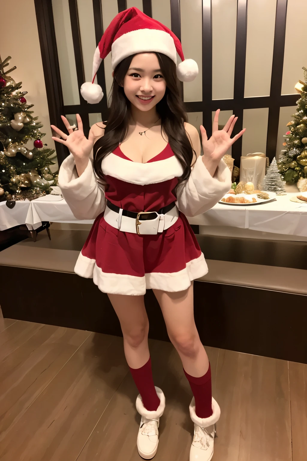 A 16-year-old high school girl with long black hair wearing a one-piece Santa costume.