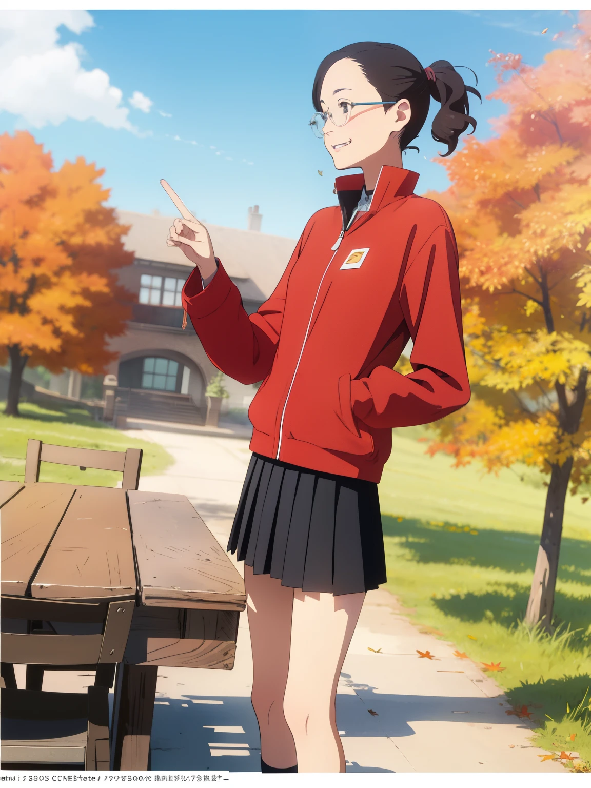 (    super flat   ,     flat shading bringing panties to the side  )，   girl ，baby face， Very short ，     Figure Temptation    ，    very small flat breasts ，    my breasts are very flat and bulging   ，    very thin limbs，    thin thighs    ，Short legs，long sleeve uniform:1.2，Name tag on chest，     standing on a chair wearing a short pleated skirt ， down jacket， on the way home from the riverside in fall     ，    falling leaves due to uterine bleeding   ，Pee stains:1.2，Glasses，smile，    I'm a little shy    ，Autumn blue sky，    bright    ，   low angle，    bright    色，watercolor， Ghibli style，   personal々  accurate and detailed seduction of a woman's fingers    ，