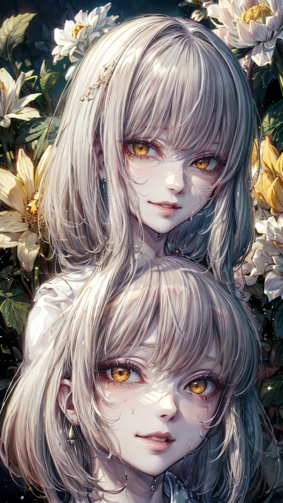 masterpiece,  horror, Evil spirits( beautiful girl),  One Girl , White Chrysanthemum(Fatal Frame: Maiden of the Black Waters),  top quality ,   Beautiful Attention to Details  ,  perfect face,   beautiful detail face ,  viewers, I stare with a grin,  super detailed , yellow eyes,  long hair, Grey Hair,  exhibitionist,  has large areolas, Green, Sigh, The erotic half eye, Seductive,  sweated,  sexy lips, Front, Mouth Close up, small breasts,