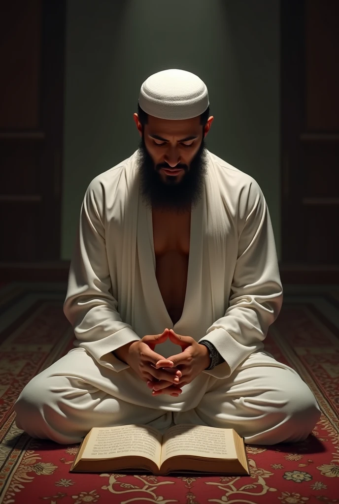 There is a young Iranian man with a strong beard and hair kneeling on a red carpet in white underwear with an Islamic cap on his head.. There is one watching closely.